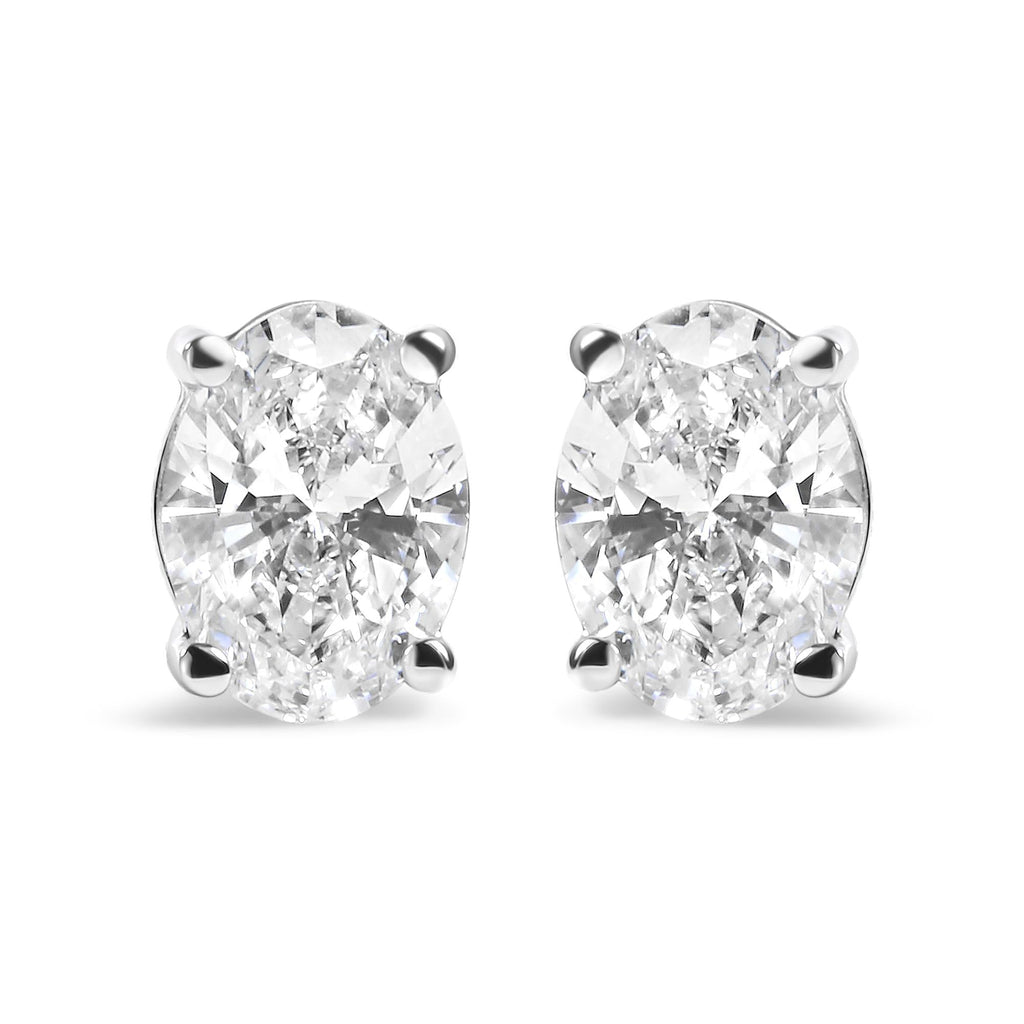 Aretes solitarios de oro blanco de 14 quilates con diamantes ovalados cultivados en laboratorio (color FG, claridad VS1-VS2) - Friggin Jewelry