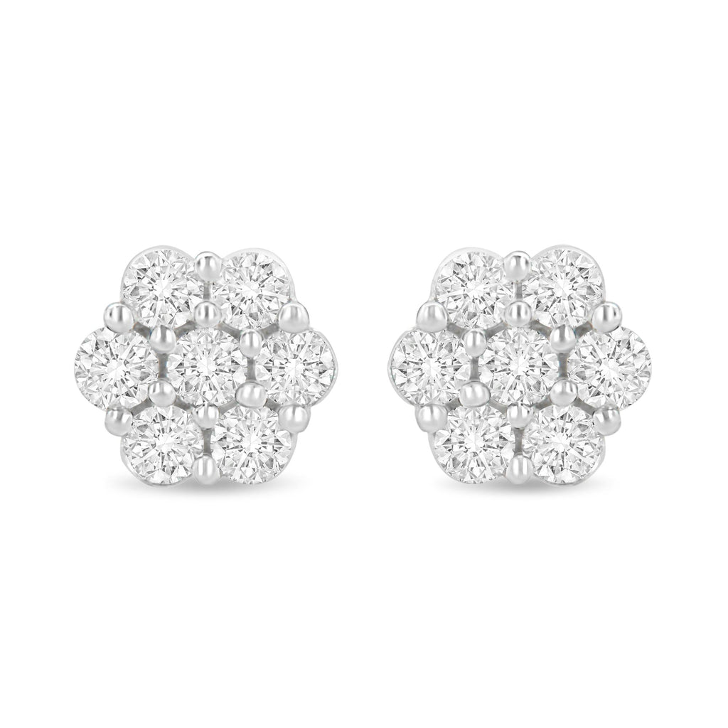 14K White Gold 1.0 Cttw Prong Set Round-Cut Diamond Floral Stud Earrings (H-I Color, I1-I2 Clarity) - Friggin Jewelry