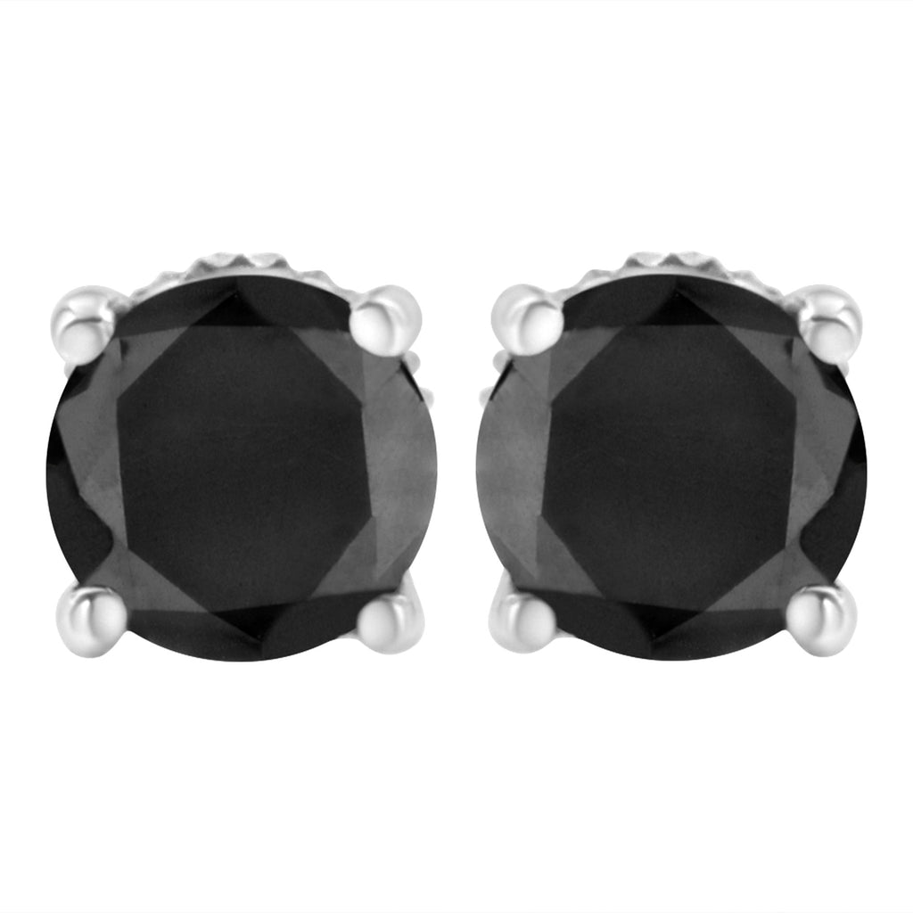 .925 Sterling Silver Round Brilliant-Cut Black Diamond Classic 4-Prong Stud Earrings with Screw Backs (Fancy Color-Enhanced, I2-I3 Clarity) - Friggin Jewelry