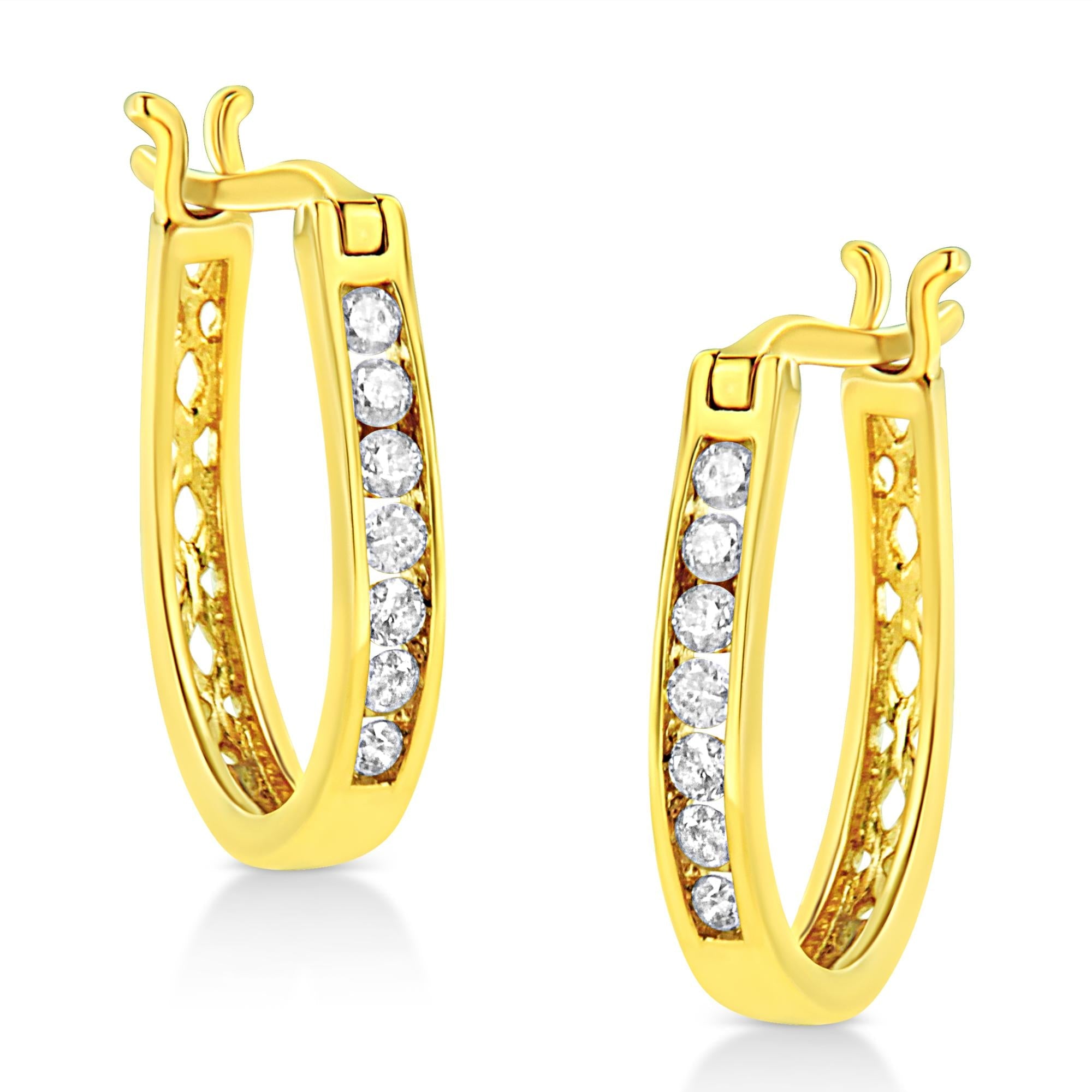 Orecchini a cerchio da 3/4" in argento sterling 925 placcato oro giallo 14K con chiusura a leva e diamanti da 1/4 ct (colore KL, purezza I2-I3) - Friggin Jewelry