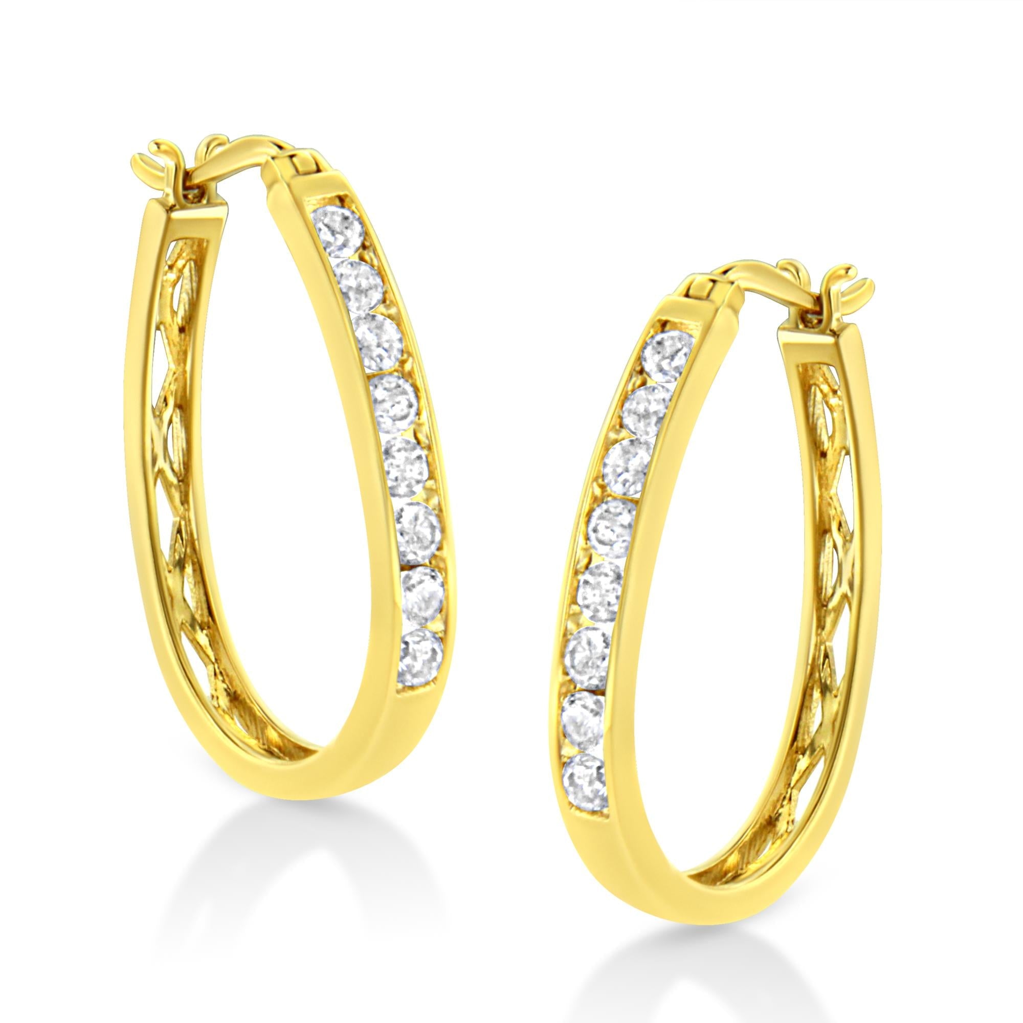 Orecchini a cerchio in argento sterling 925 placcato oro giallo 14k con diamanti taglio brillante da 1,0 ct incastonati a canale (colore JK, purezza I2-I3) - Friggin Jewelry