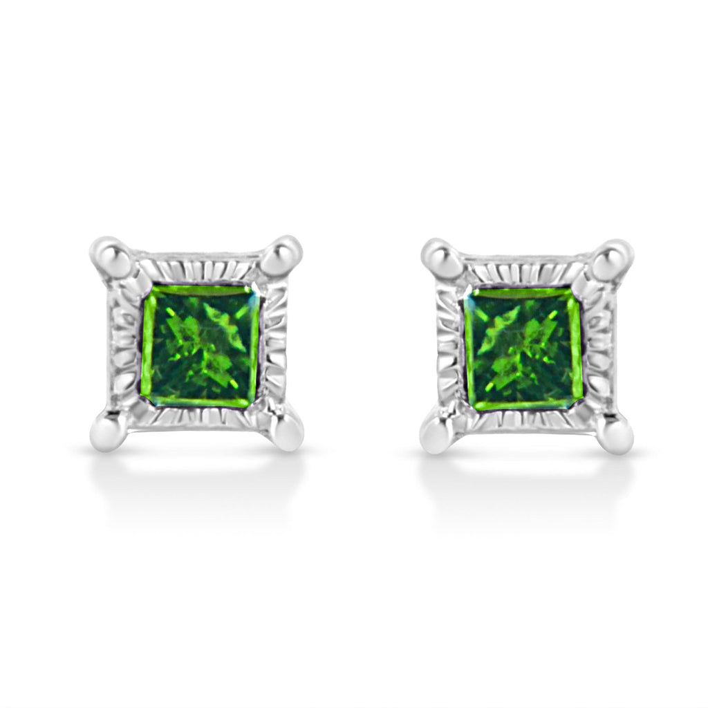 .925 Sterling Silver 1/10 Cttw Miracle Set Princess-Cut Treated Green Diamond Stud Earrings (Green Color, I1-I2 Clarity) - Friggin Jewelry