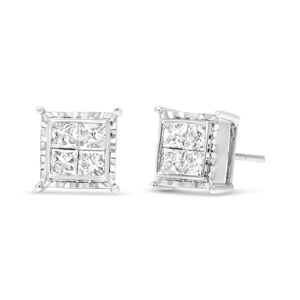 14K White Gold 1 1/2 Cttw Invisible Set Princess-Cut Diamond Contemporary Wavy Quad Stud Earrings (I-J Color, I1-I2 Clarity) - Friggin Jewelry Premium