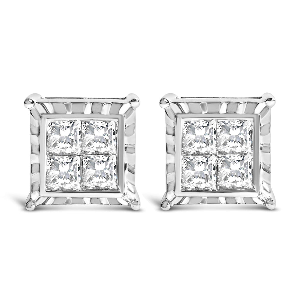 Orecchini a bottone ondulati in oro bianco 14 carati con diamanti taglio principessa da 2,00 ct incastonati in modo invisibile - Friggin Jewelry
