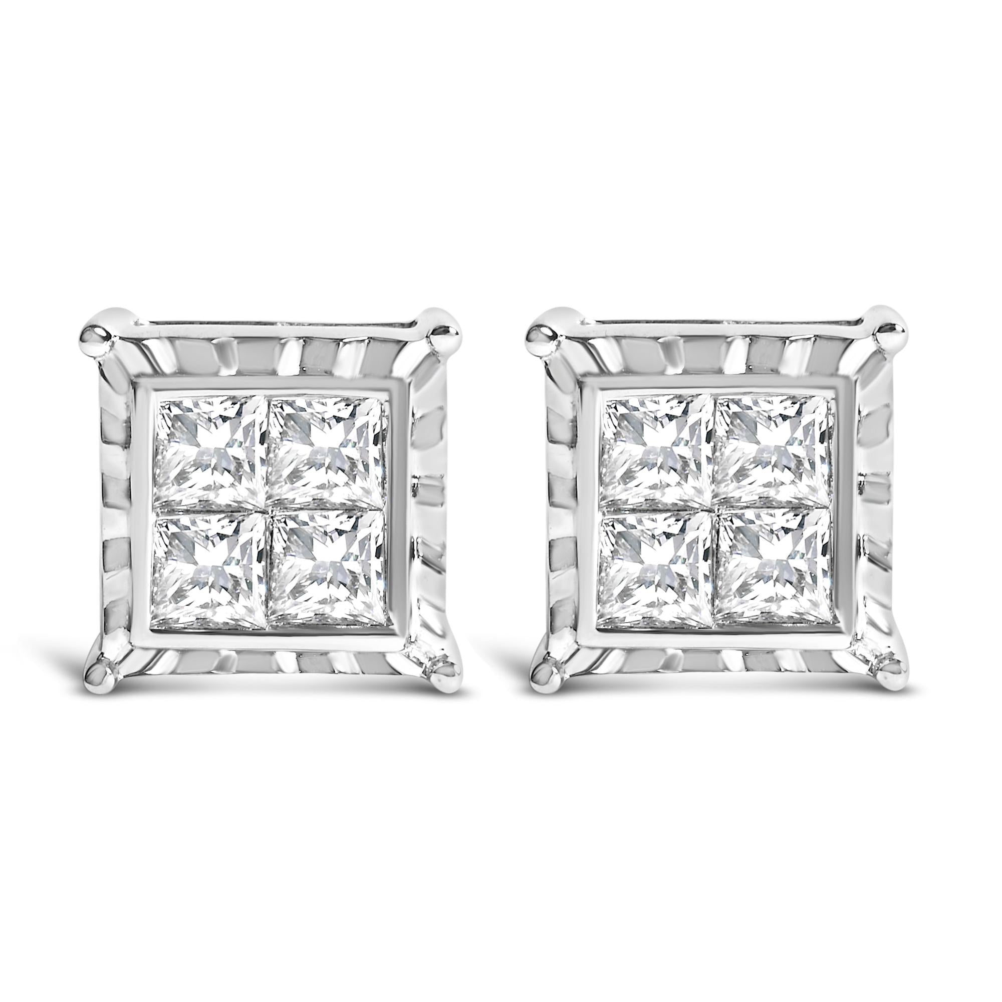 14K White Gold 2.00 Cttw Invisible Set Princess-Cut Lab Grown Diamond Wavy Quad Stud Earrings - Friggin Jewelry Premium