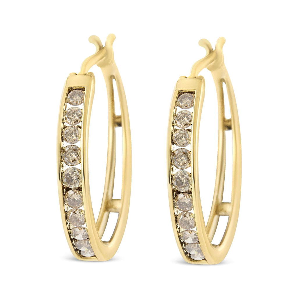 Orecchini a cerchio in argento sterling 925 placcato oro giallo 14 carati con diamanti color champagne incastonati a canale da 1,0 carati e chiusura a scatto (colore KL, purezza I1-I2) - Friggin Jewelry
