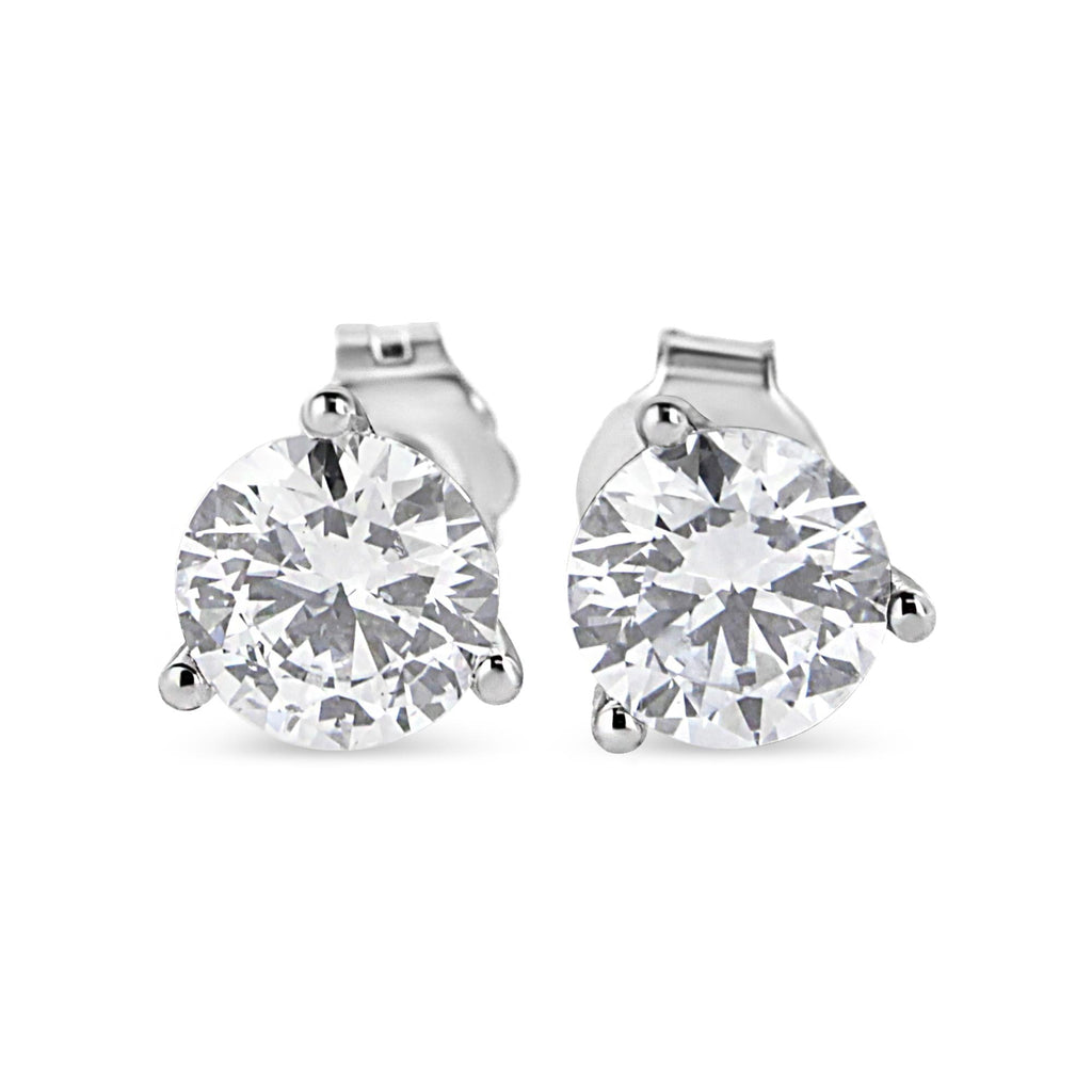 Aretes tipo botón de oro blanco de 14 quilates con tres puntas y diamantes cultivados en laboratorio de talla redonda brillante (color FG, claridad VS1-VS2) - Friggin Jewelry
