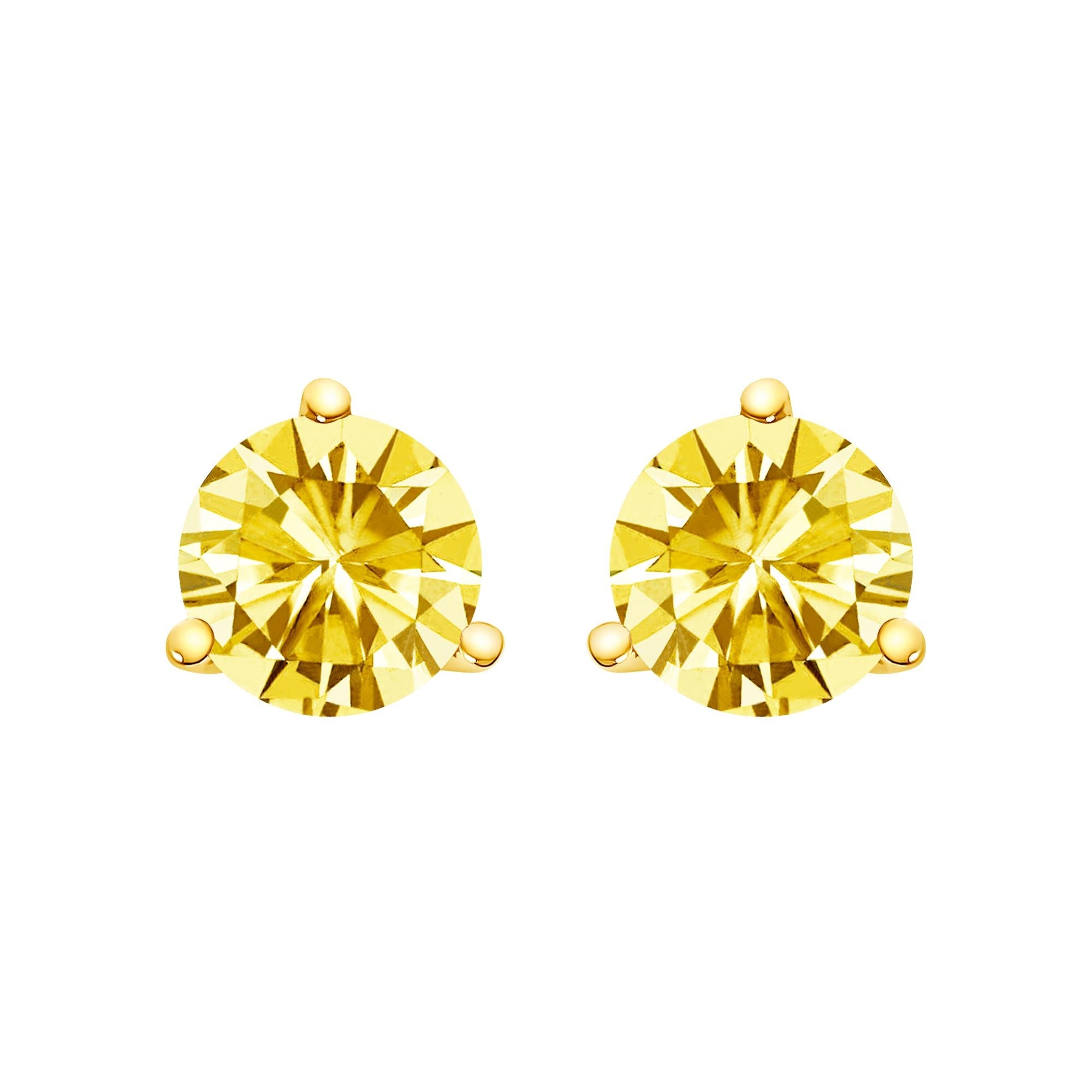 Orecchini a bottone con diamante solitario giallo incastonato in laboratorio a 3 punte in oro 14 carati - Friggin Jewelry