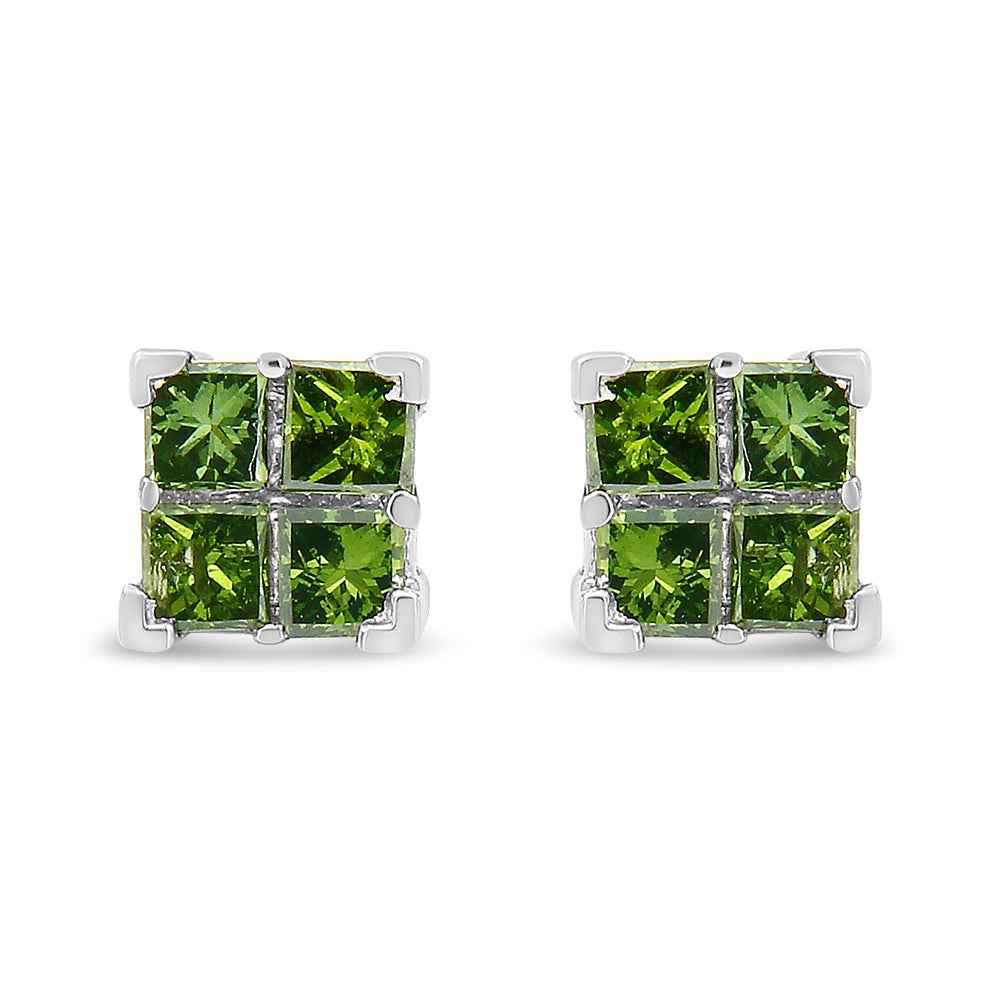 Pendiente de botón compuesto de cuatro piedras con diamantes de talla princesa verde, tratado en plata de ley 925 (color verde, claridad I1-I2) - Friggin Jewelry