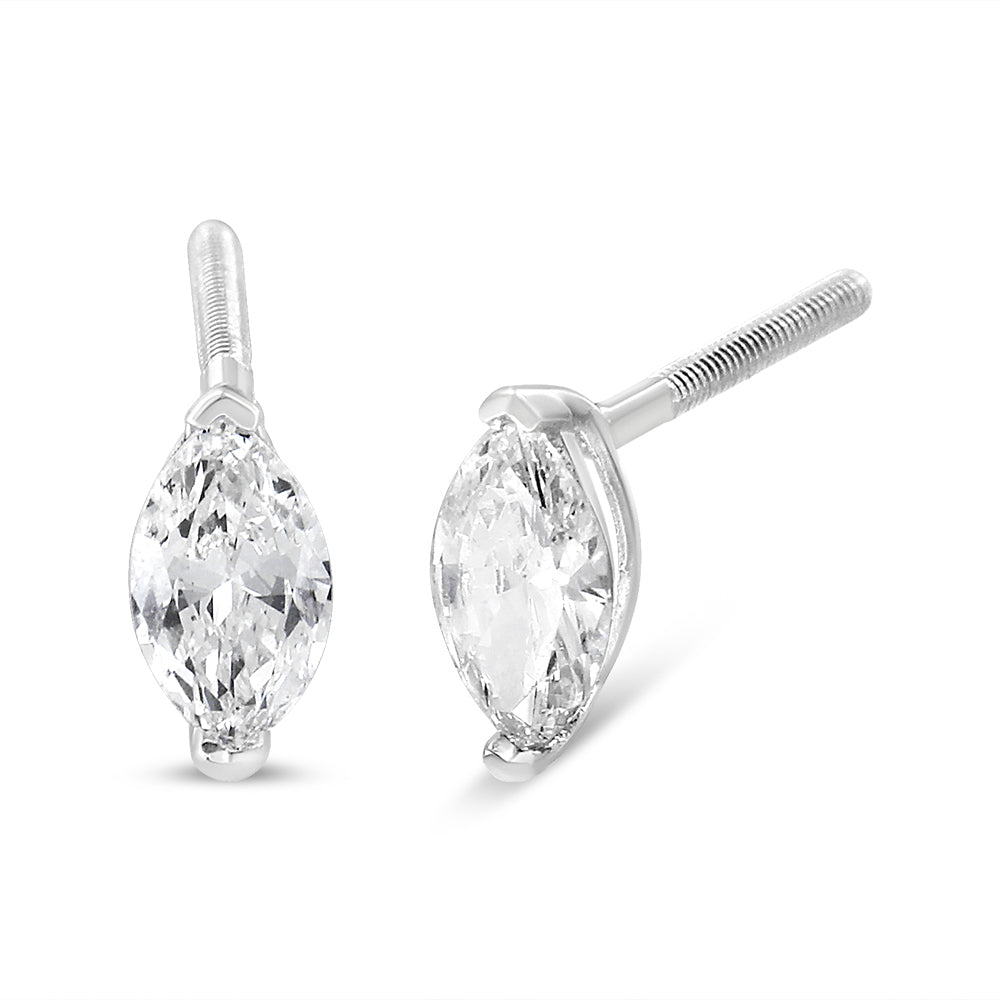 Aretes de oro blanco de 14 quilates con diamantes cultivados en laboratorio, solitarios de talla marquesa de 1/2 quilates y engaste de dos puntas (color FG, claridad VS2-SI1) - Friggin Jewelry