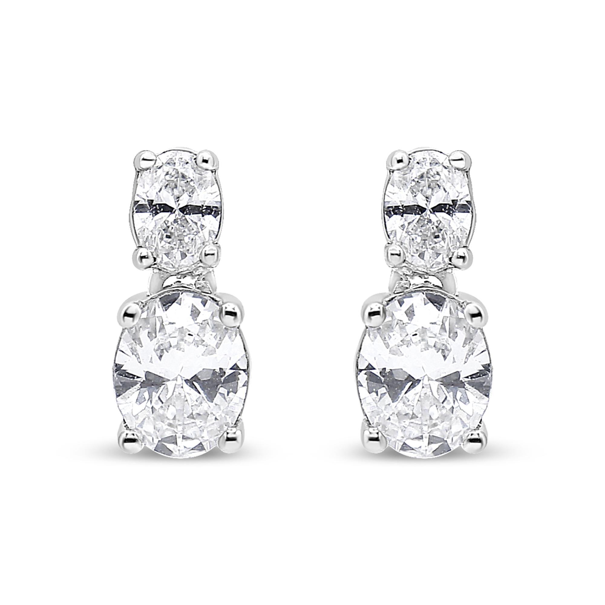 14K White Gold 1.0 Cttw Oval Lab Grown Diamond 2 Stone Drop and Dangle Stud Earrings (G-H Color, VS2-SI1 Clarity) - Friggin Jewelry