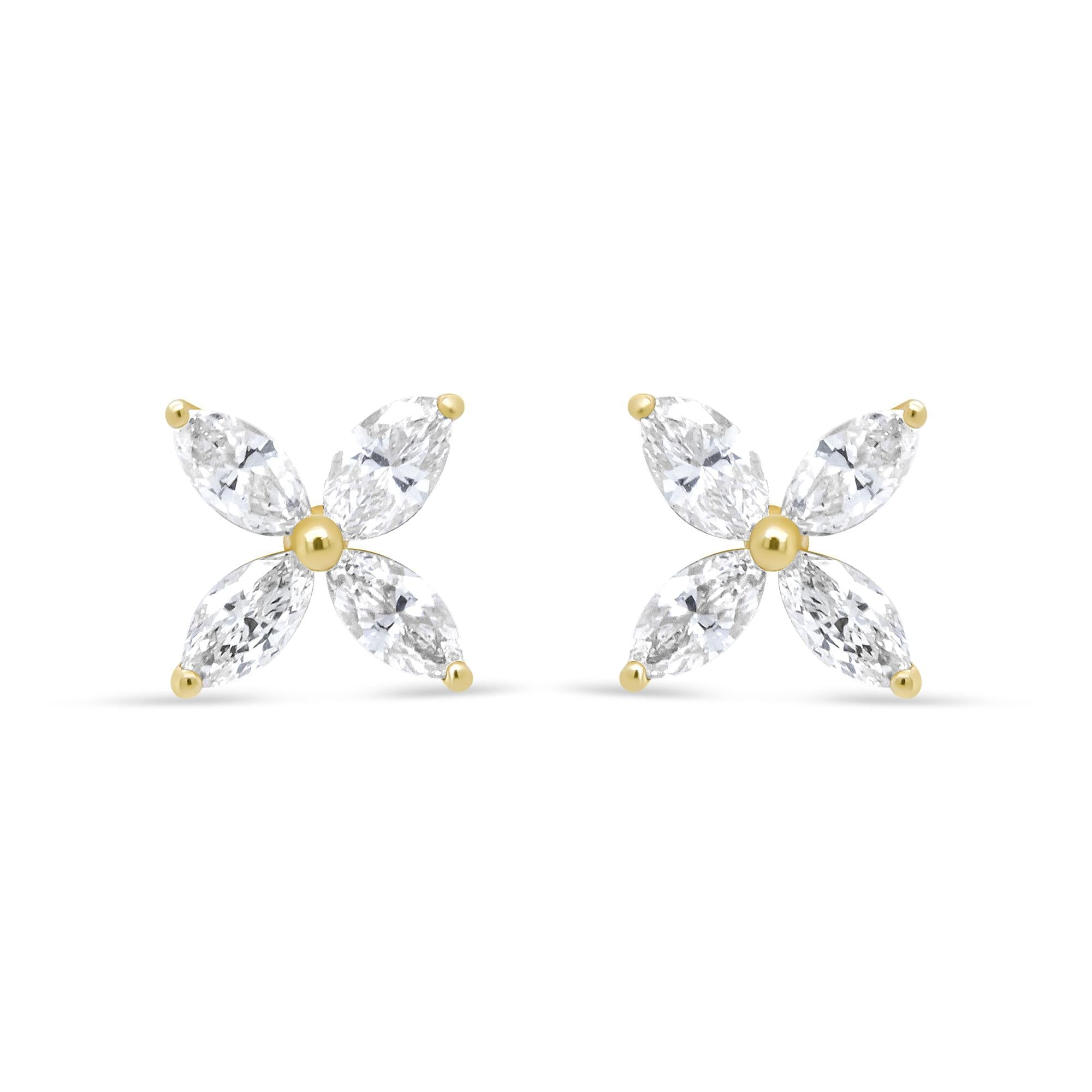 14K Gold Marquise Diamond 8 Stone Floral Leaf Stud Earrings (I-J Color, SI2-I1 Clarity) - Friggin Jewelry