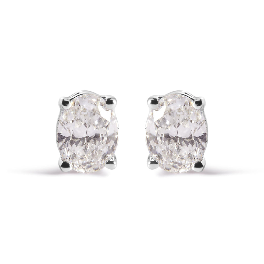 Aretes solitarios de oro blanco de 14 quilates con diamantes ovalados cultivados en laboratorio (color FG, claridad VS1-VS2) - Friggin Jewelry