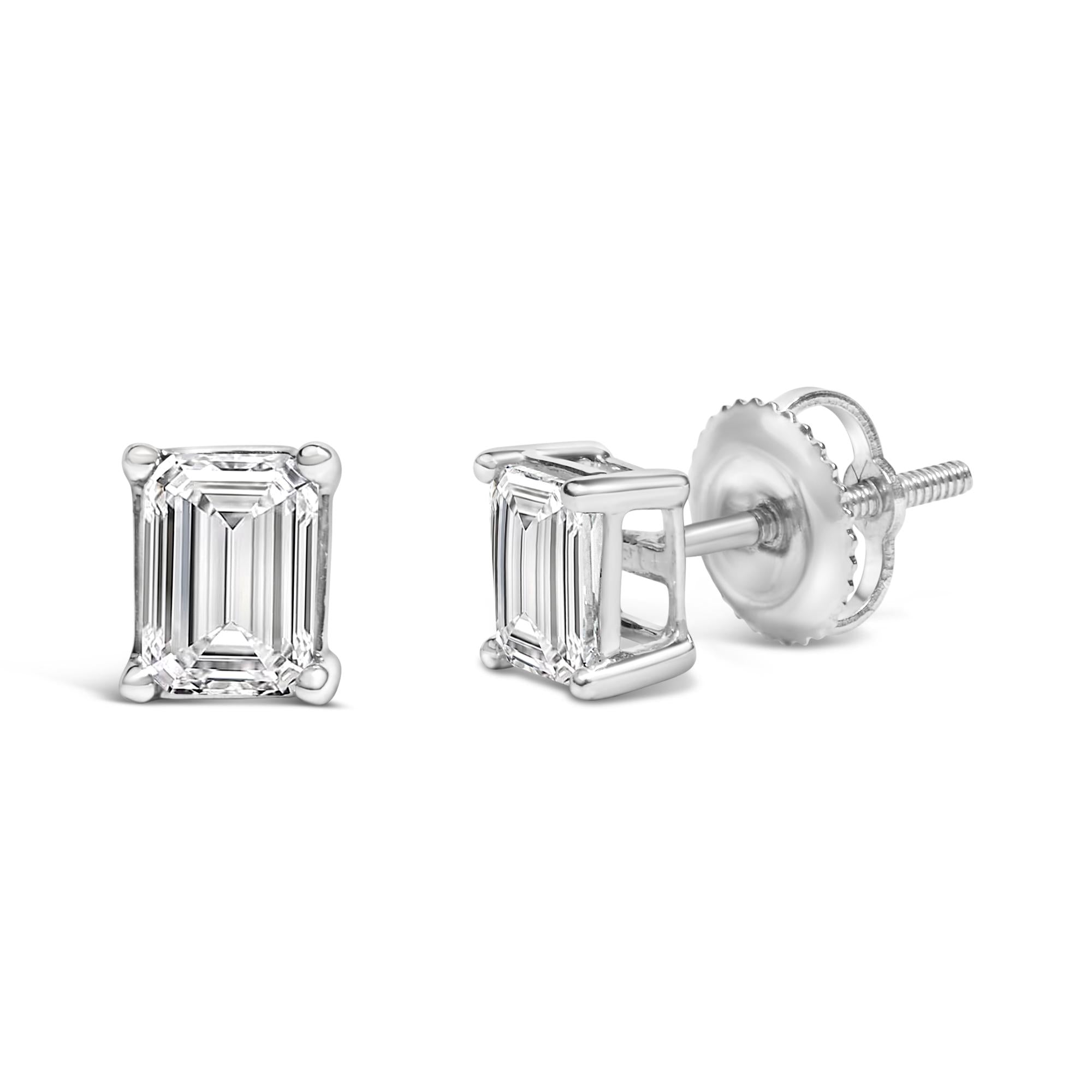 Aretes solitarios de oro blanco de 14 quilates con diamantes cultivados en laboratorio de talla esmeralda (color FG, claridad VS1-VS2) - Friggin Jewelry