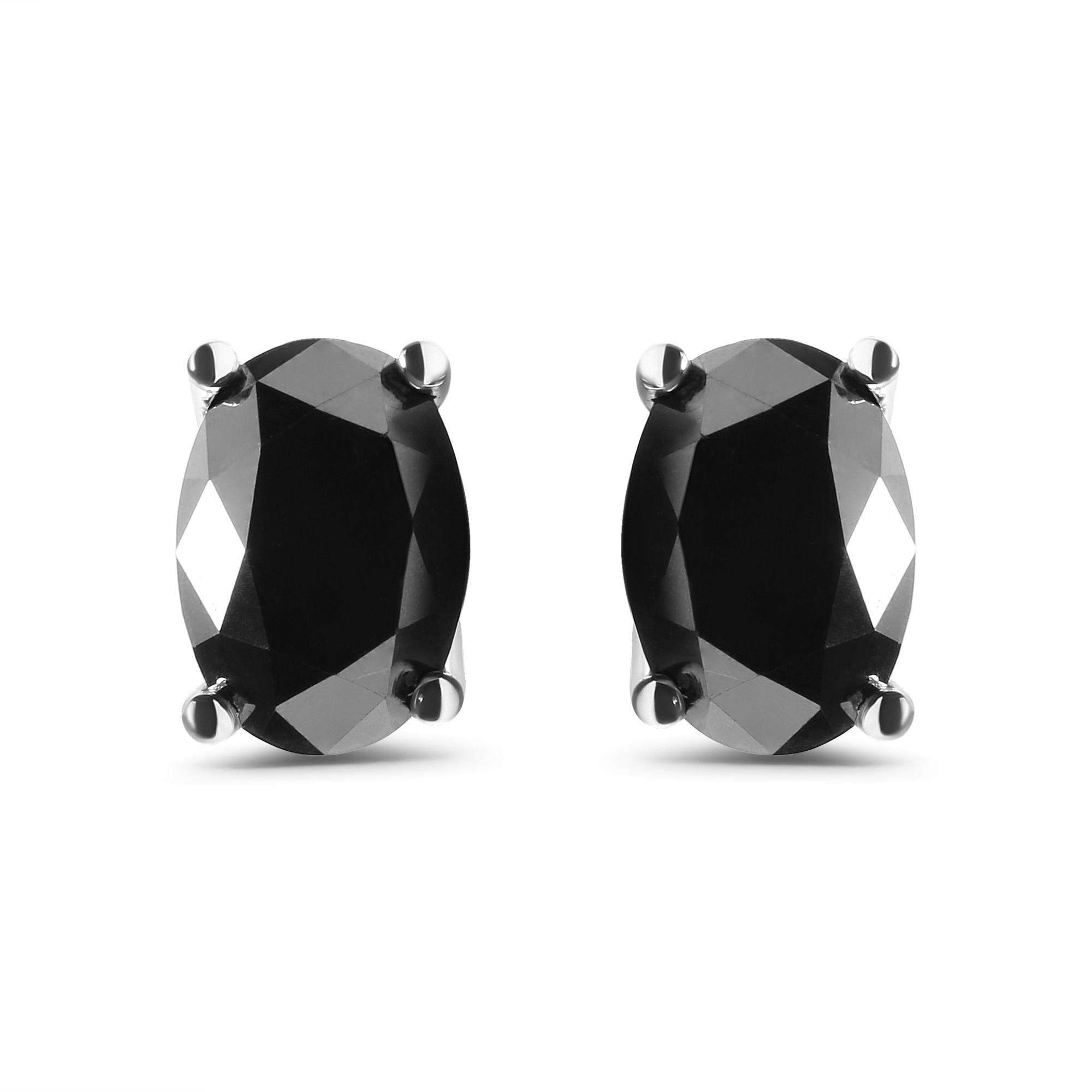 Aretes solitarios de oro blanco de 14 quilates con diamante negro de talla ovalada de 3,00 quilates (color negro, claridad I2-I3) - Friggin Jewelry