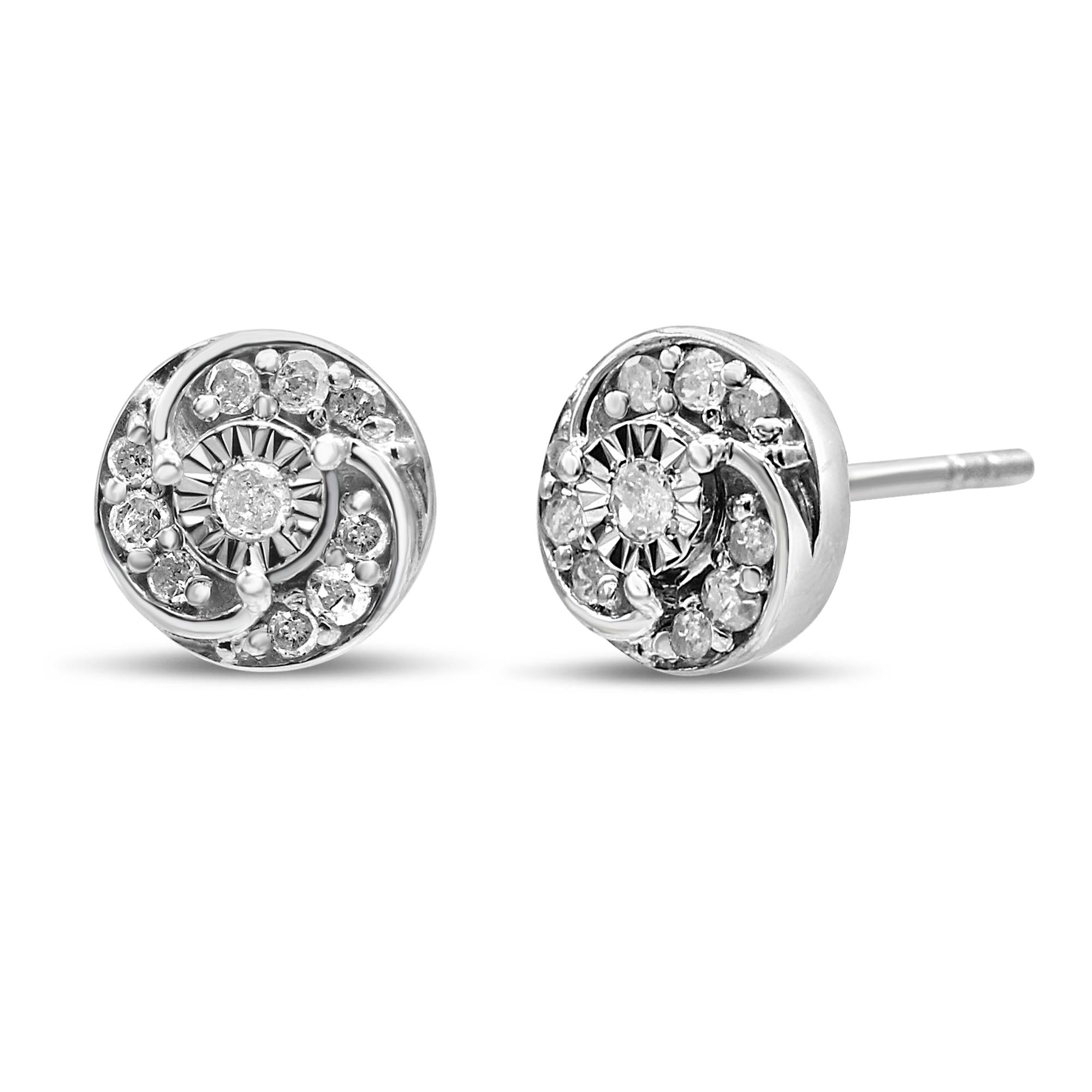 Orecchini a bottone con alone a spirale e diamanti rotondi da 1/4 ct in argento sterling 925 (colore IJ, purezza I2-I3) - Friggin Jewelry