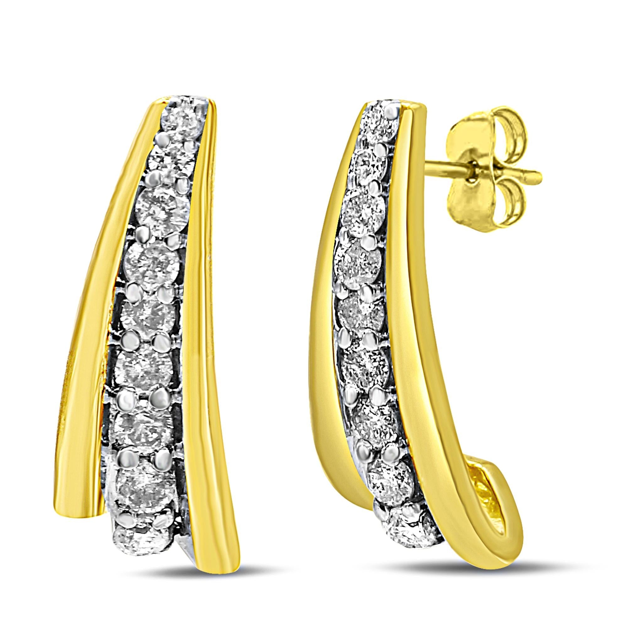 10K Yellow Gold Plated .925 Sterling Silver 0.50 Cttw Round Diamond Graduated Huggie Earrings (I-J Color, I2-I3 Clarity) - Friggin Jewelry