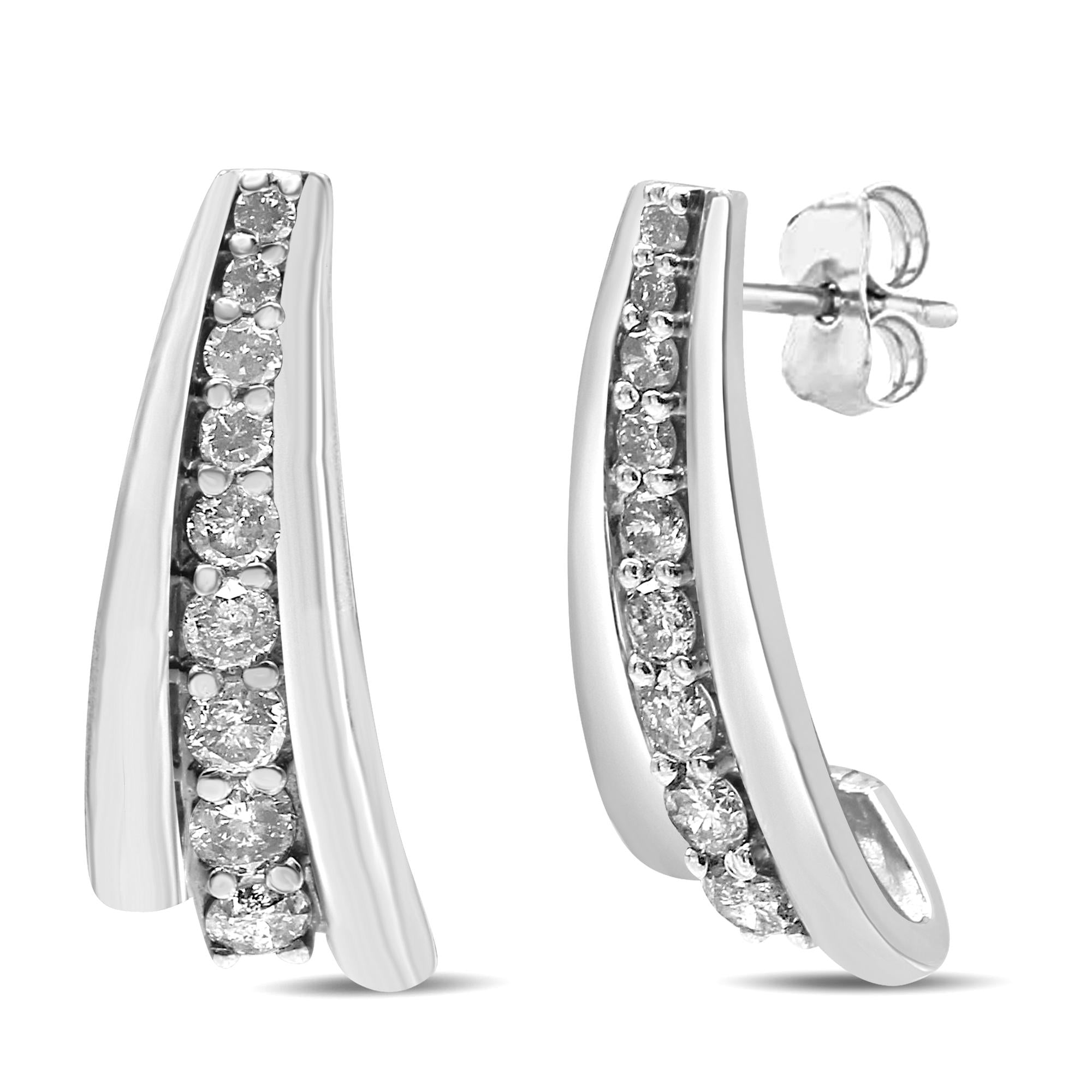 .925 Sterling Silver 1 Cttw Round Diamond Graduated Huggie Earrings (I2-I3 Clarity, I-J Color) - Friggin Jewelry