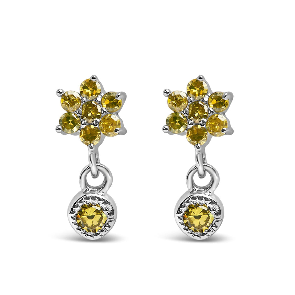 .925 Sterling Silver 1/10 Cttw Yellow Diamond Star Stud with Bezel Drop Dangle Earrings (Yellow Color, I2-I3 Clarity) - Friggin Jewelry