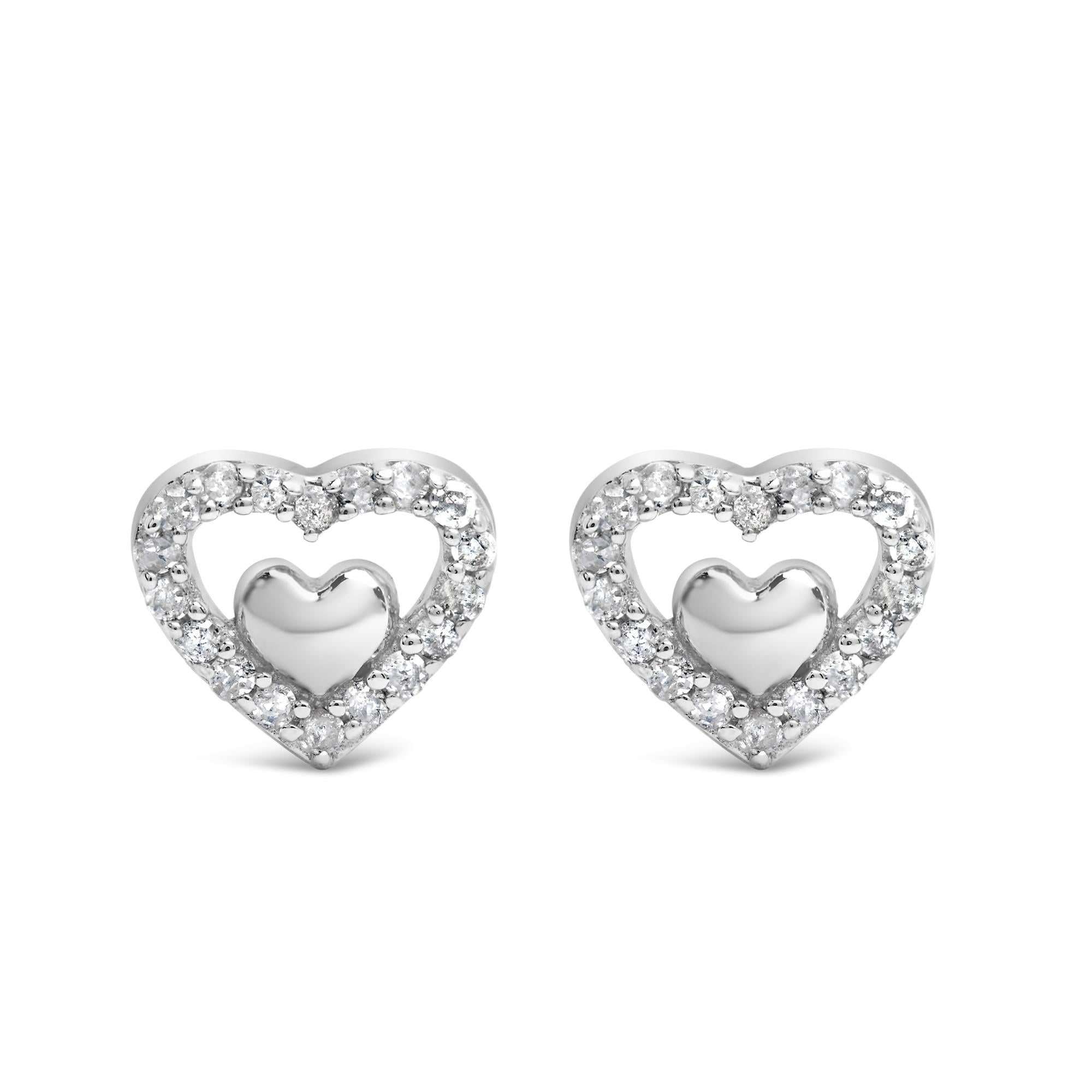 925 Sterling Silver 1/6 Cttw Diamond Open Double Heart Stud Earrings - Choice of Diamond Color - Friggin Jewelry