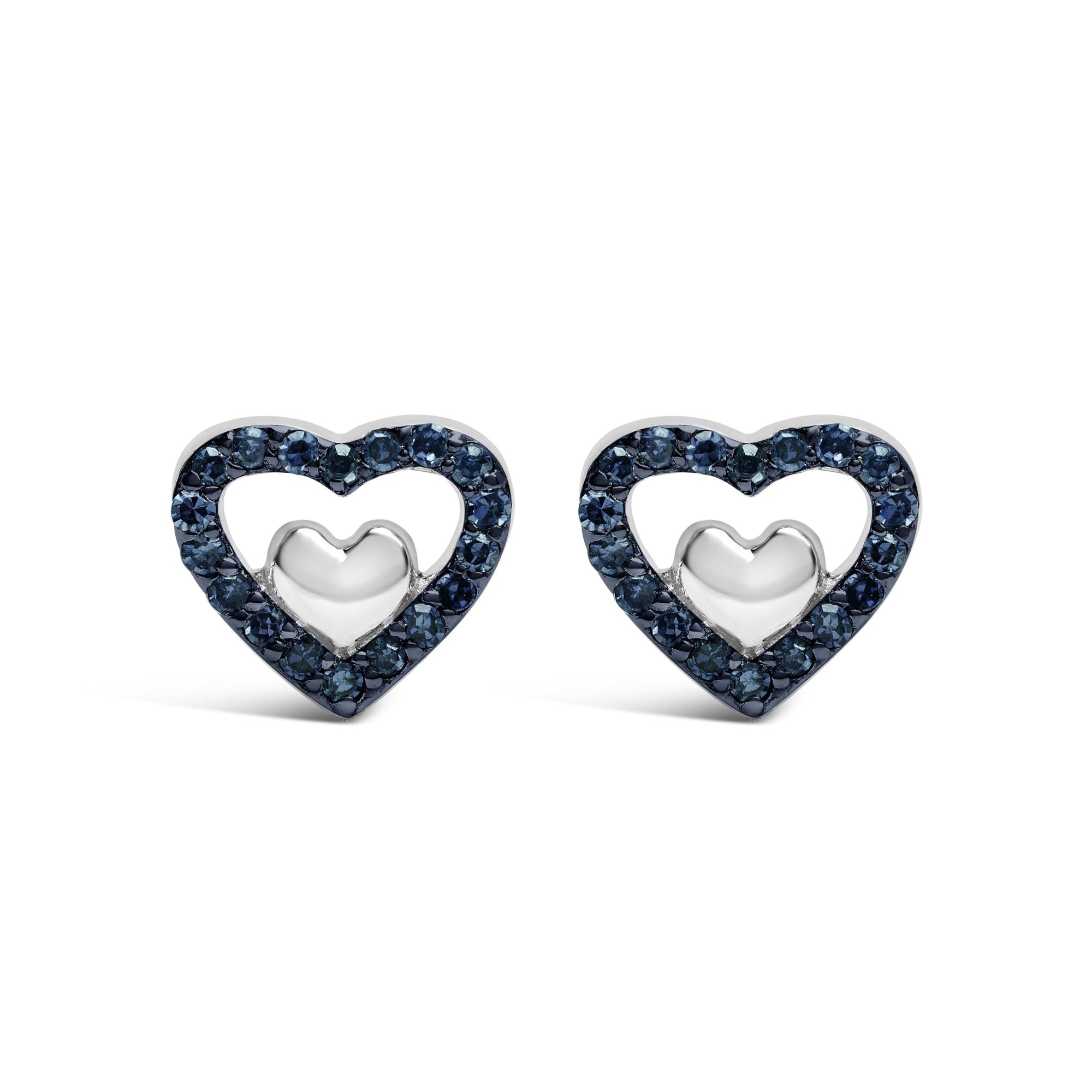 Pendientes de botón con doble corazón abierto de diamantes de 1/6 quilates en plata de ley 925 (color del diamante a elegir) - Friggin Jewelry
