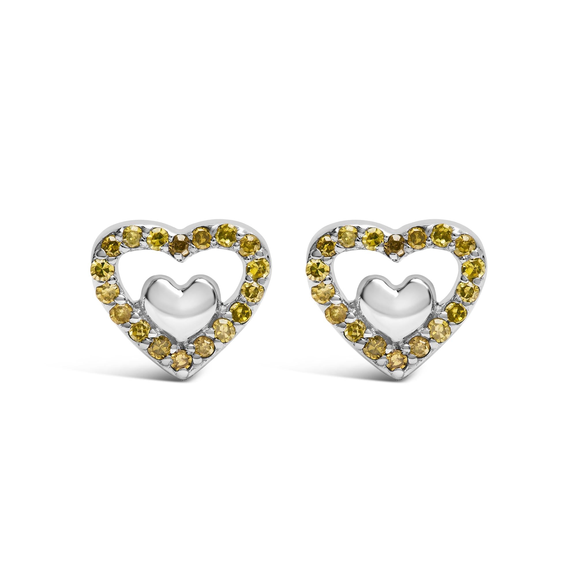 Pendientes de botón con doble corazón abierto de diamantes de 1/6 quilates en plata de ley 925 (color del diamante a elegir) - Friggin Jewelry