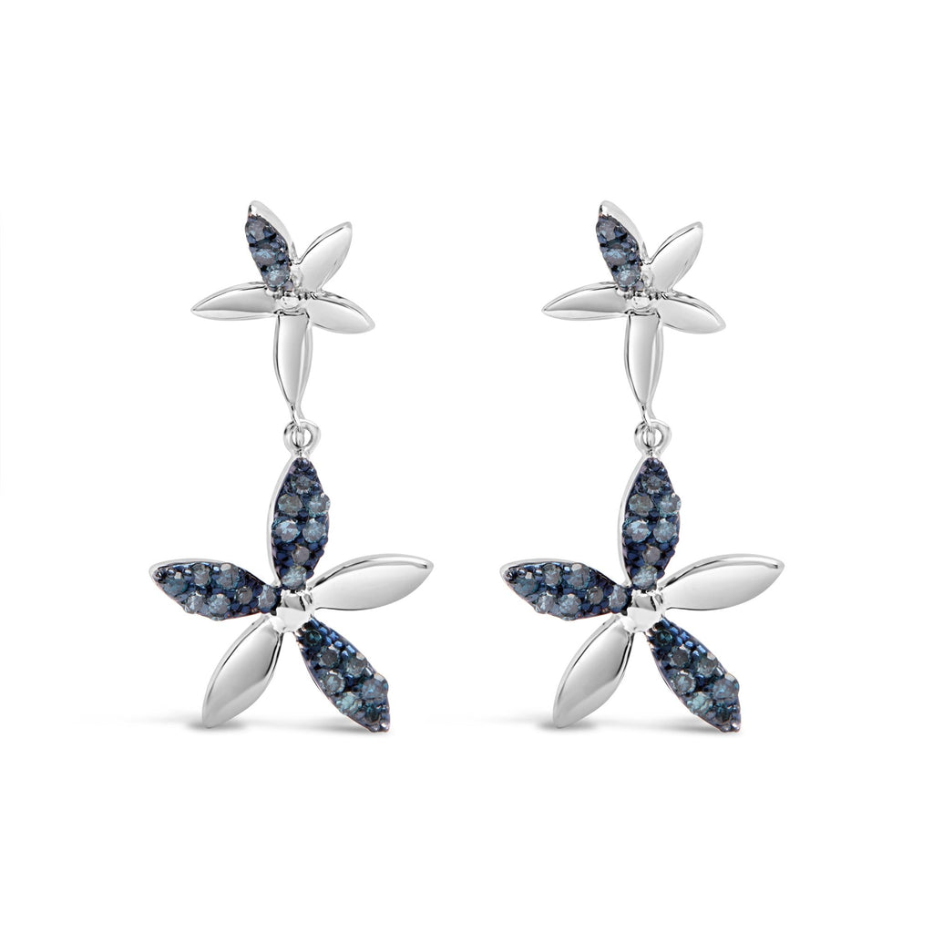 Pendientes colgantes de doble estrella con diamantes azules de 1/5 ct en plata de ley 925 (color azul, claridad SI1-SI2) - Friggin Jewelry