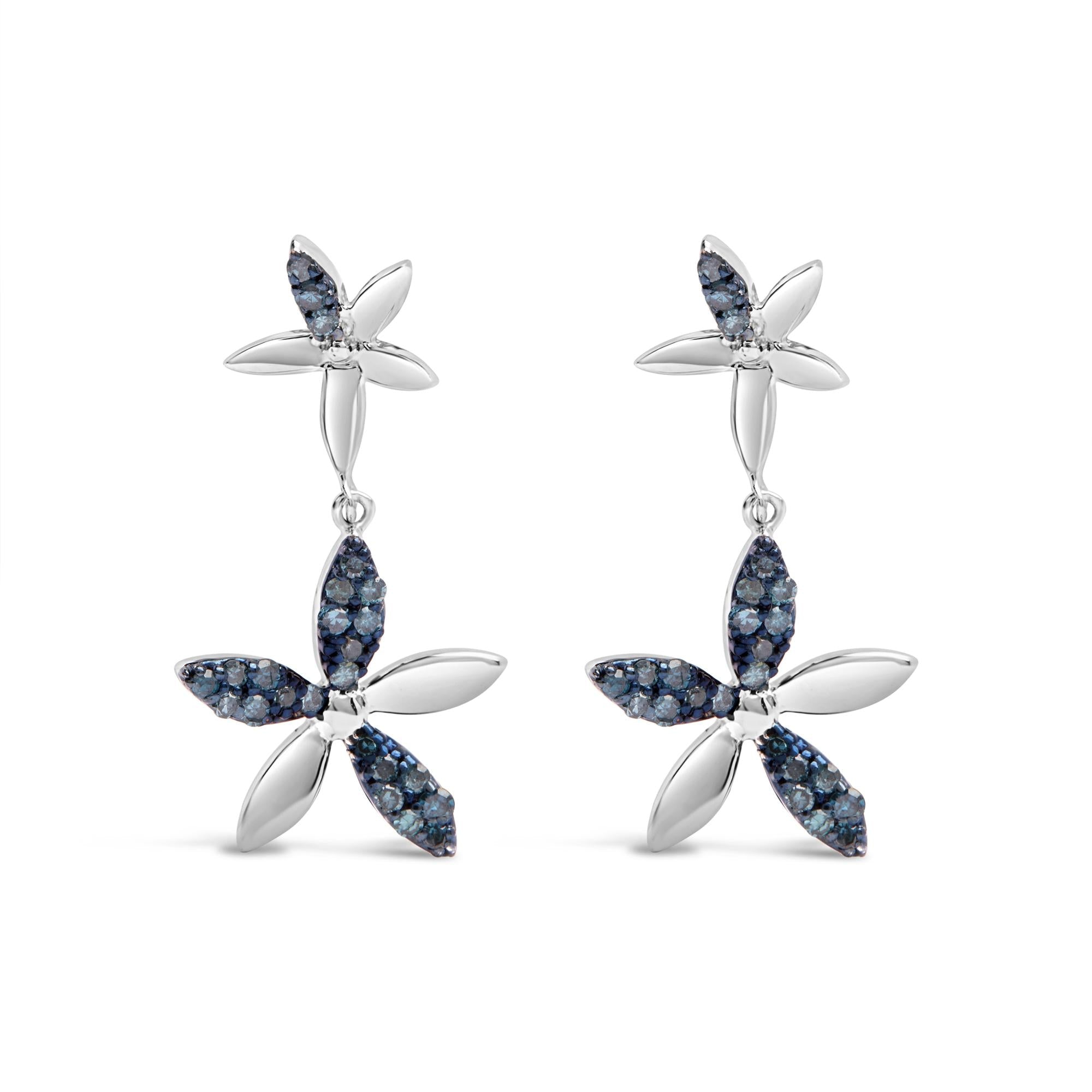 .925 Sterling Silver 1/5ct Cttw Blue Diamond Double Star Drop and Dangle Earrings (Blue Color, SI1-SI2 Clarity) - Friggin Jewelry