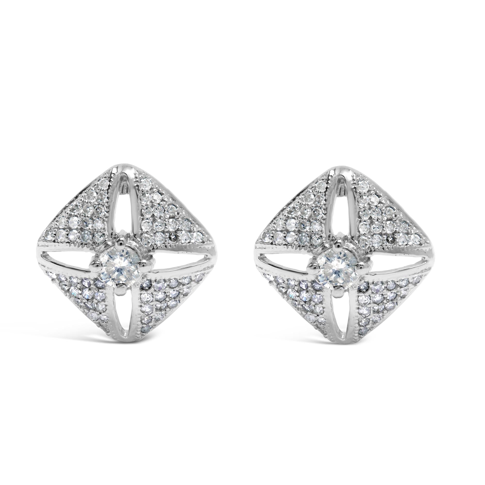 .925 Sterling Silver 1.0 Cttw Diamond Studded Rhombus Stud Earring (H-I Color, I2-I3 Clarity) - Friggin Jewelry