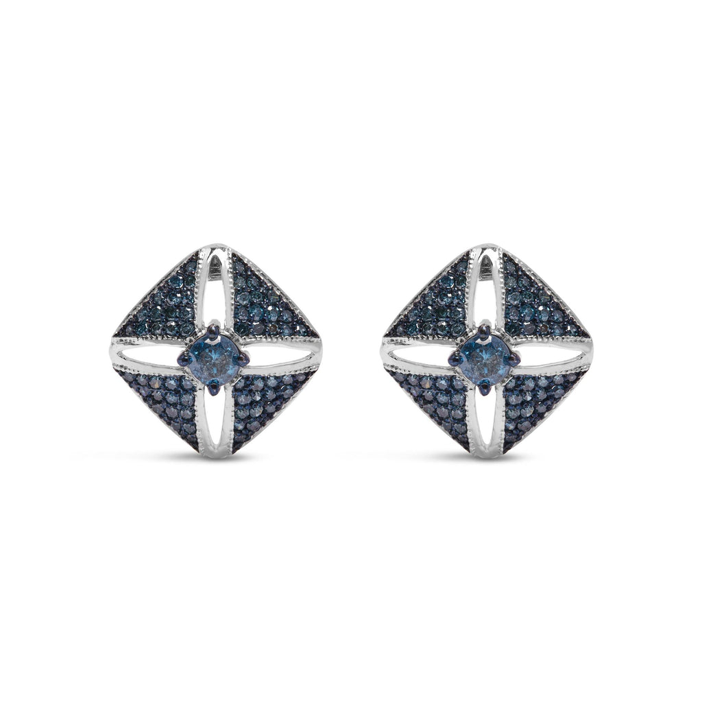 .925 Sterling Silver 1.0 Cttw Blue Diamond Studded Rhombus Stud Earring (Blue Color, I2-I3 Clarity) - Friggin Jewelry