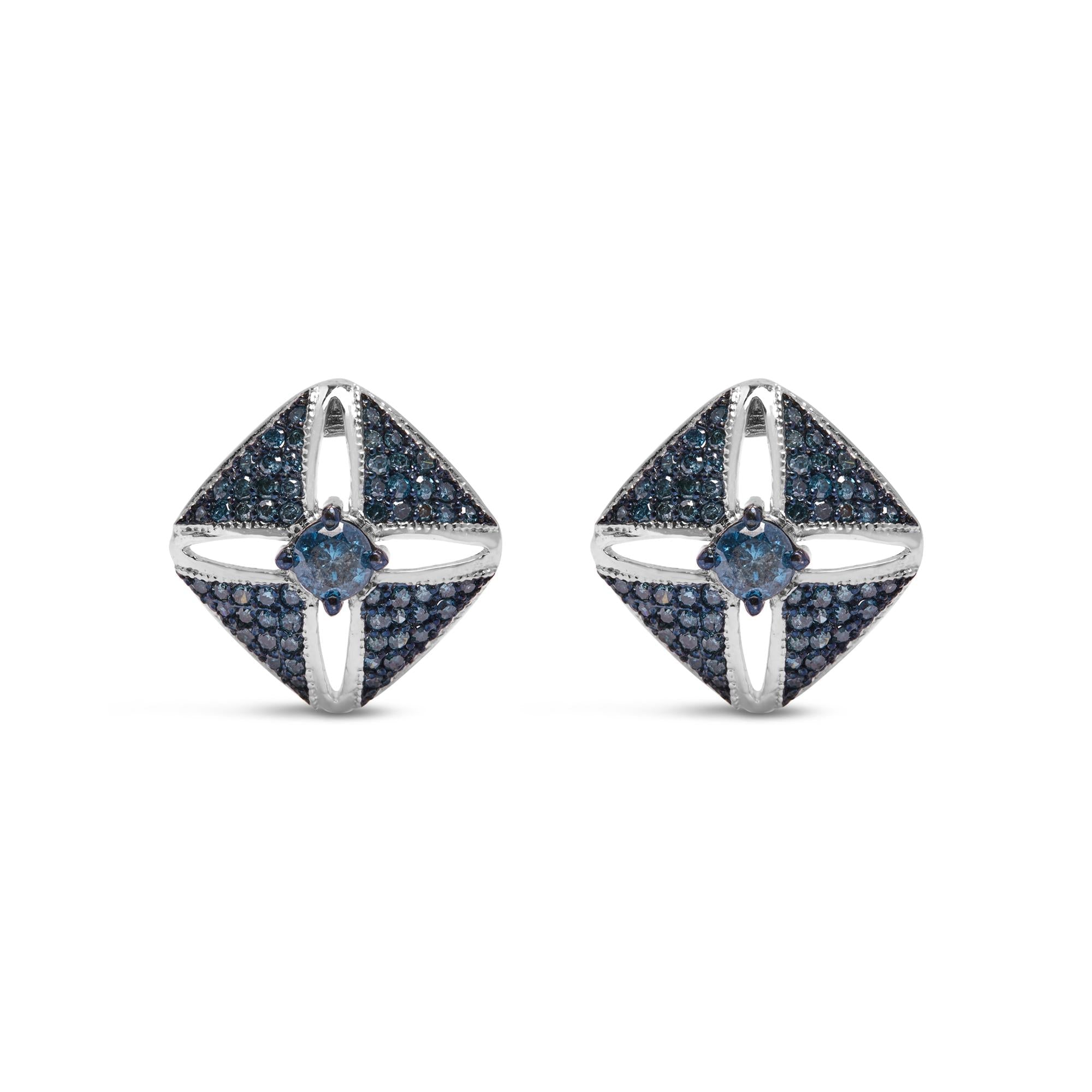 .925 Sterling Silver 1.0 Cttw Blue Diamond Studded Rhombus Stud Earring (Blue Color, I2-I3 Clarity) - Friggin Jewelry