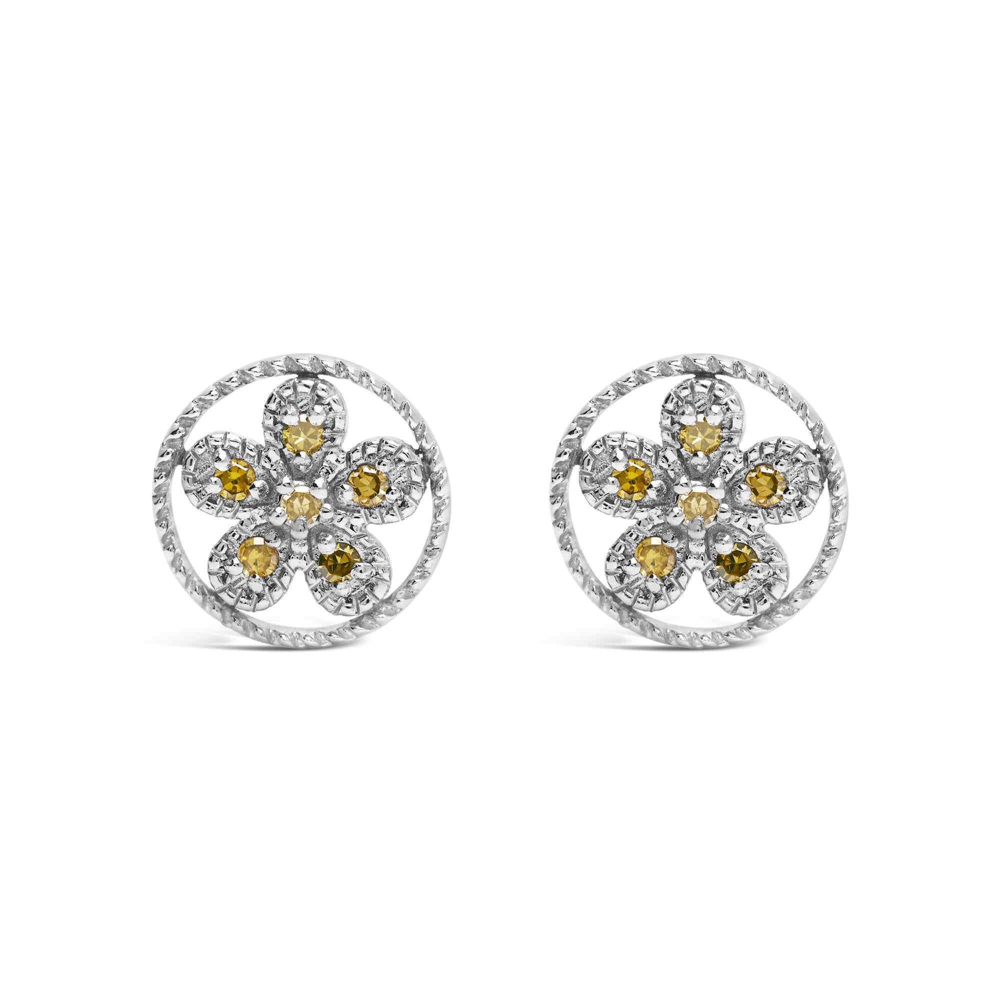 Aretes de plata de ley 925 con detalle de diamante amarillo, estilo milgrain, estrella y rueda (color amarillo, claridad I2-I3) - Friggin Jewelry
