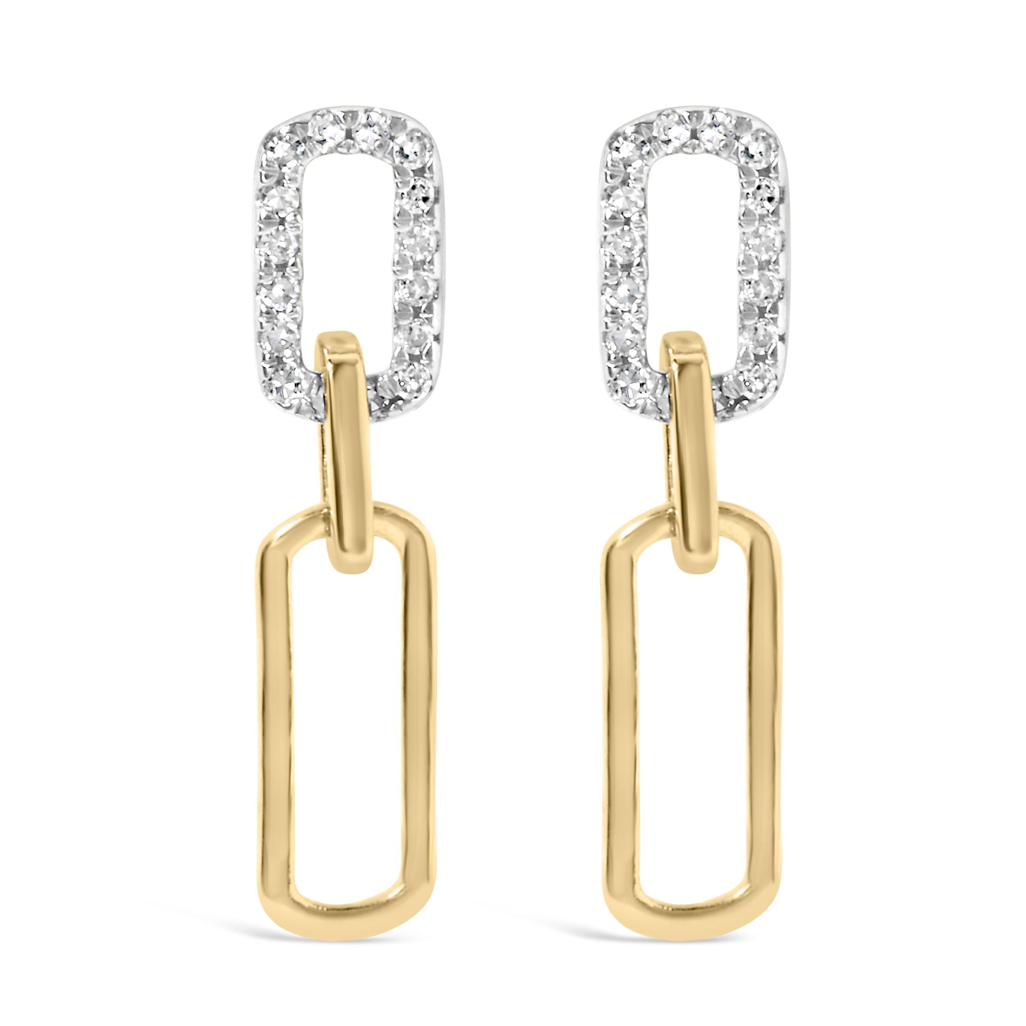 14K Yellow Gold 1/10 Cttw Diamond Studded Paperclip Drop and Dangle Earrings (I-J Color, SI1-SI2 Clarity) - Friggin Jewelry
