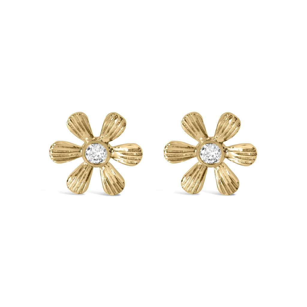 10K Yellow Gold Bezel Set Diamond Accent Hammered Finish Floral Stud Earrings (I-J Color, I1-I2 Clarity) - Friggin Jewelry