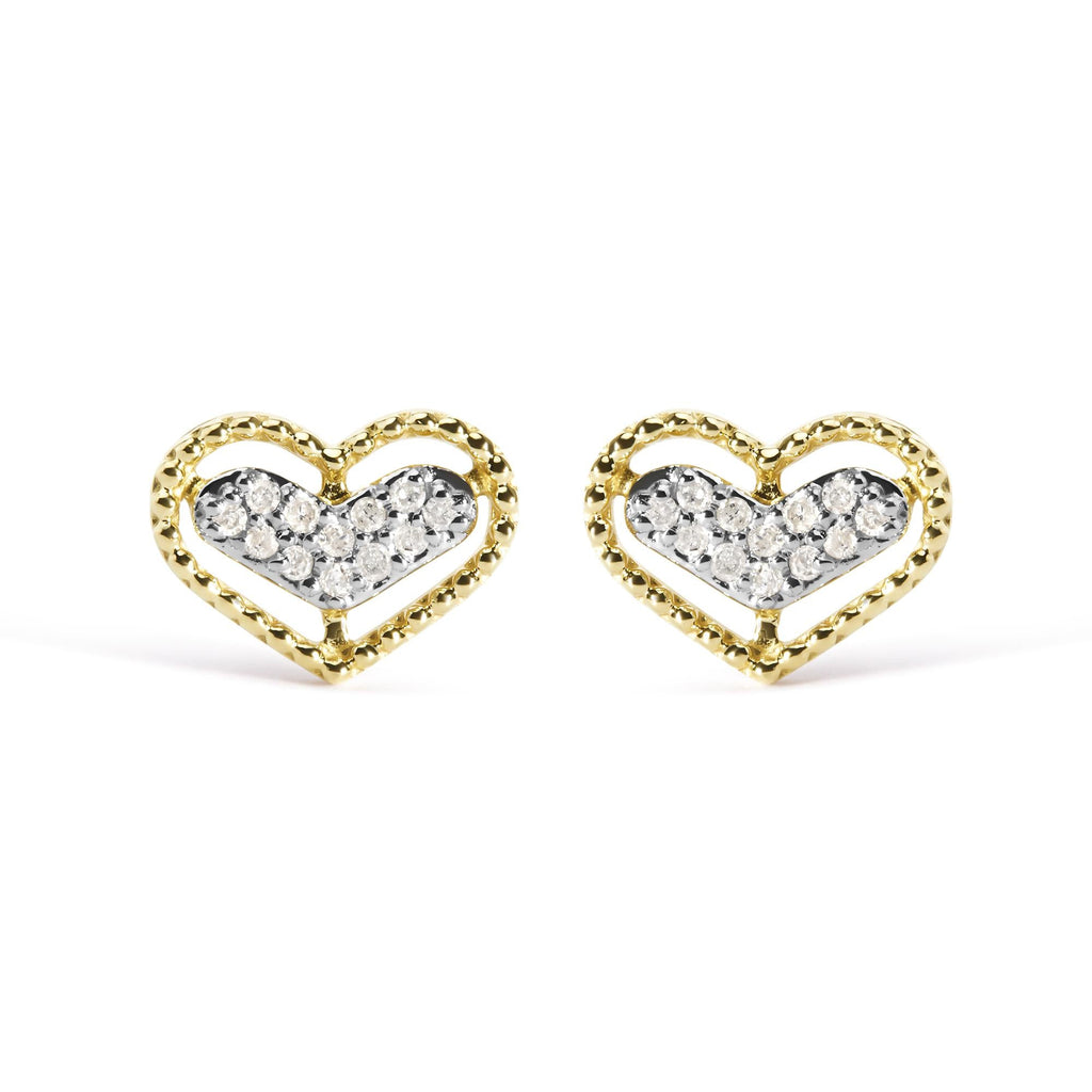 Aretes de oro amarillo de 10 quilates con halo de diamantes de 1/10 quilates y corazón (color IJ, claridad I1-I2) - Friggin Jewelry
