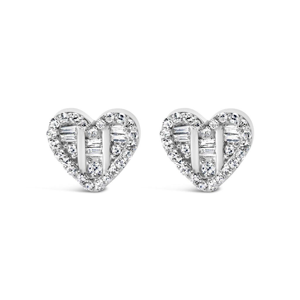 .925 Sterling Silver 1/2 Cttw Round and Baguette Diamond Composite Heart Shaped Stud Earring (I-J Color, SI2-I1 Clarity) - Friggin Jewelry
