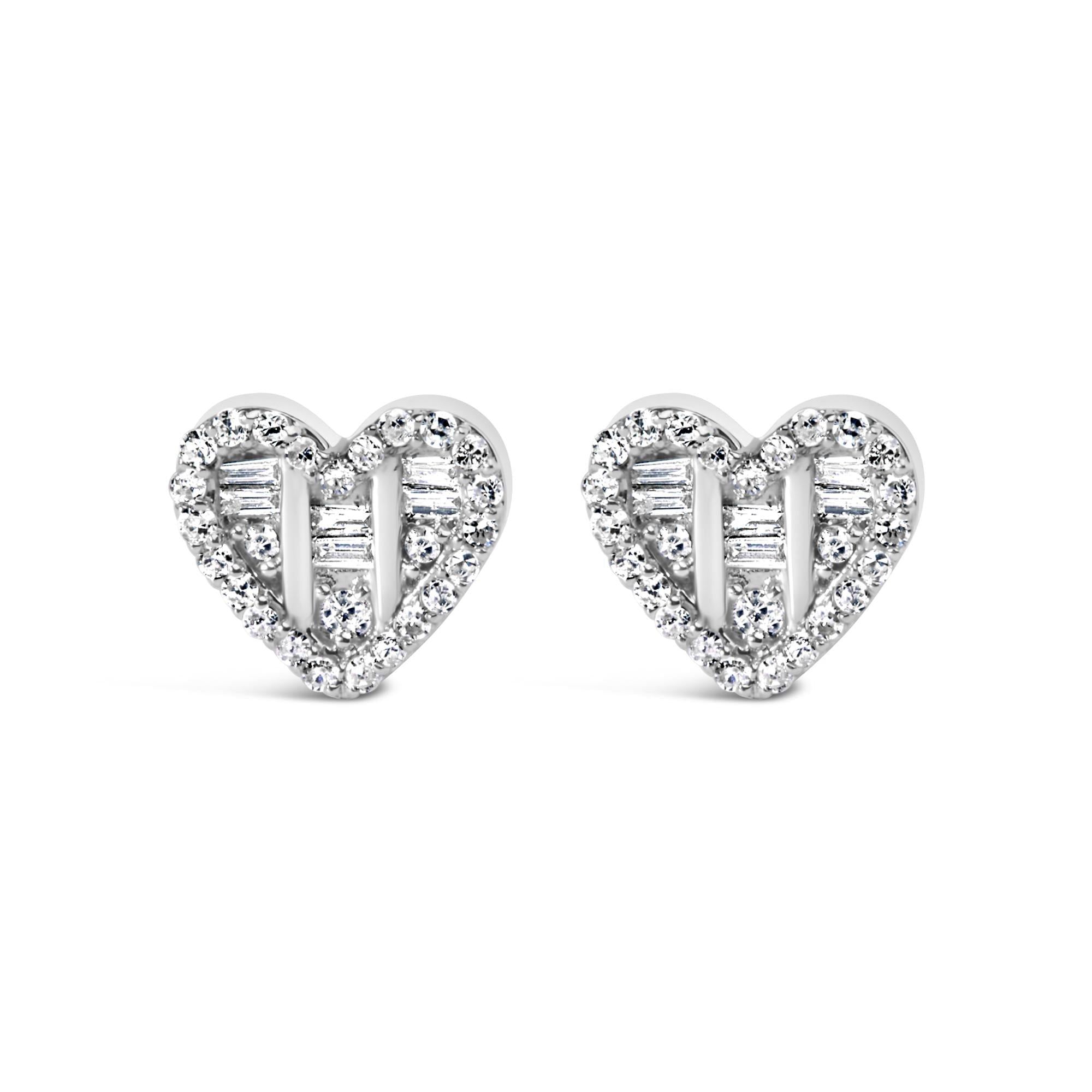 .925 Sterling Silver 1/2 Cttw Round and Baguette Diamond Composite Heart Shaped Stud Earring (I-J Color, SI2-I1 Clarity) - Friggin Jewelry