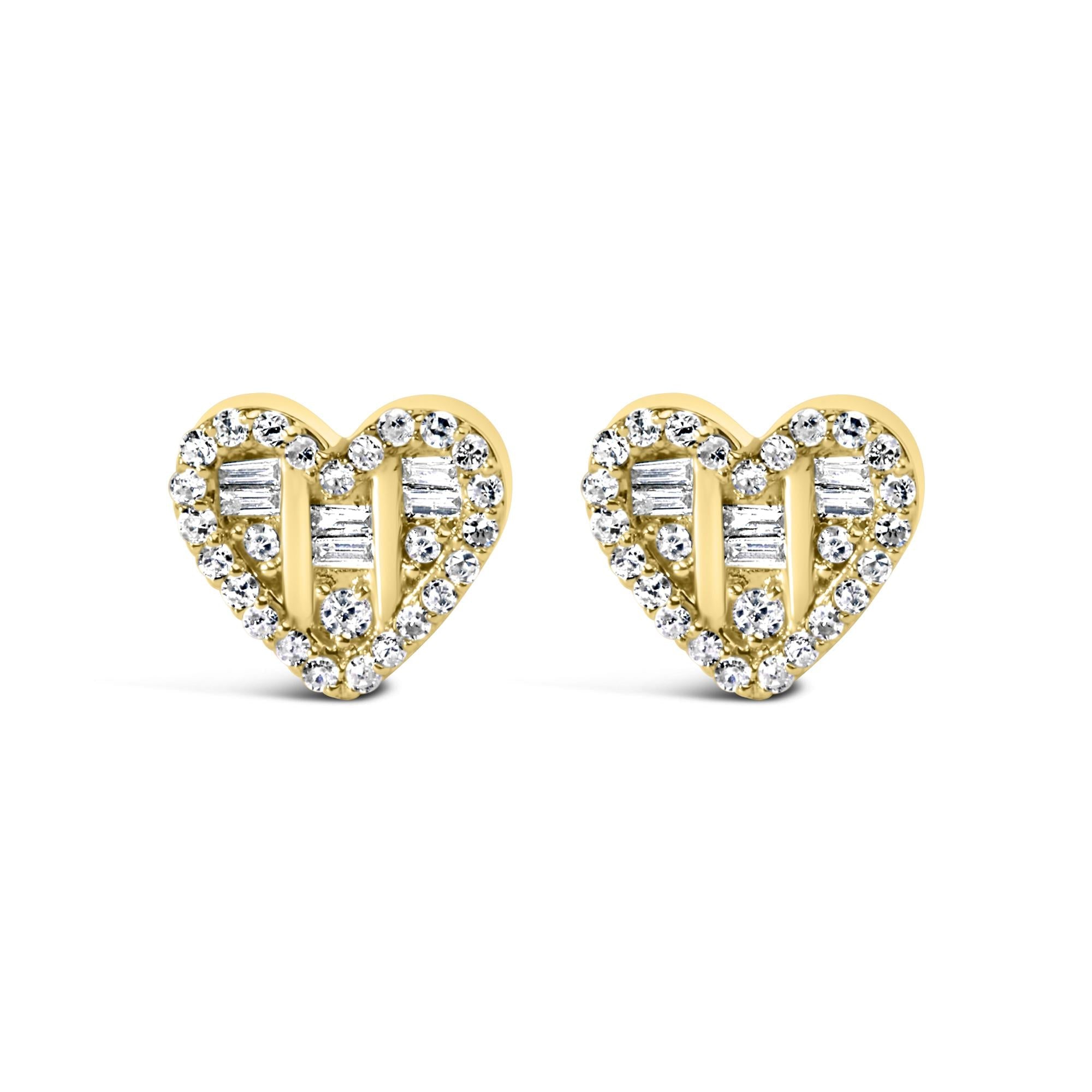 .925 Sterling Silver 1/2 Cttw Round and Baguette Diamond Composite Heart Shaped Stud Earring (I-J Color, SI2-I1 Clarity) - Friggin Jewelry