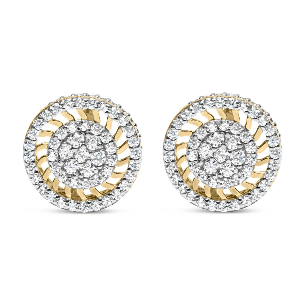 Orecchini a bottone in oro giallo 10 carati con diamanti Halo Radiant Sunburst da 1,00 ct (colore IJ, purezza I2-I3) - Friggin Jewelry