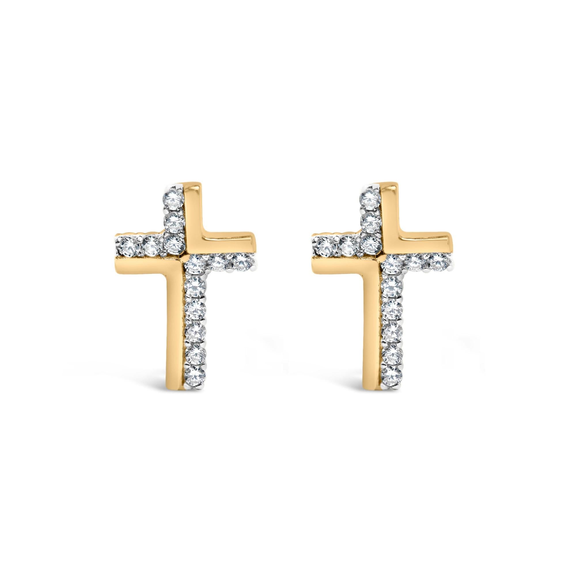 Pendiente de cruz con diamantes de 1/10 quilates en plata de ley 925 bañada en oro amarillo de 14 quilates (color IJ, claridad I3) - Friggin Jewelry