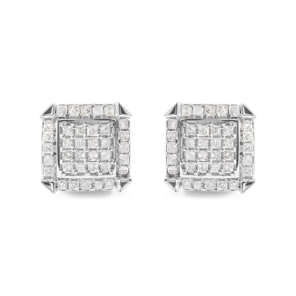 Orecchini a bottone in oro bianco 10 carati con diamanti compositi e alone da 1 1/10 ct (colore IJ, purezza I1-I2) - Friggin Jewelry