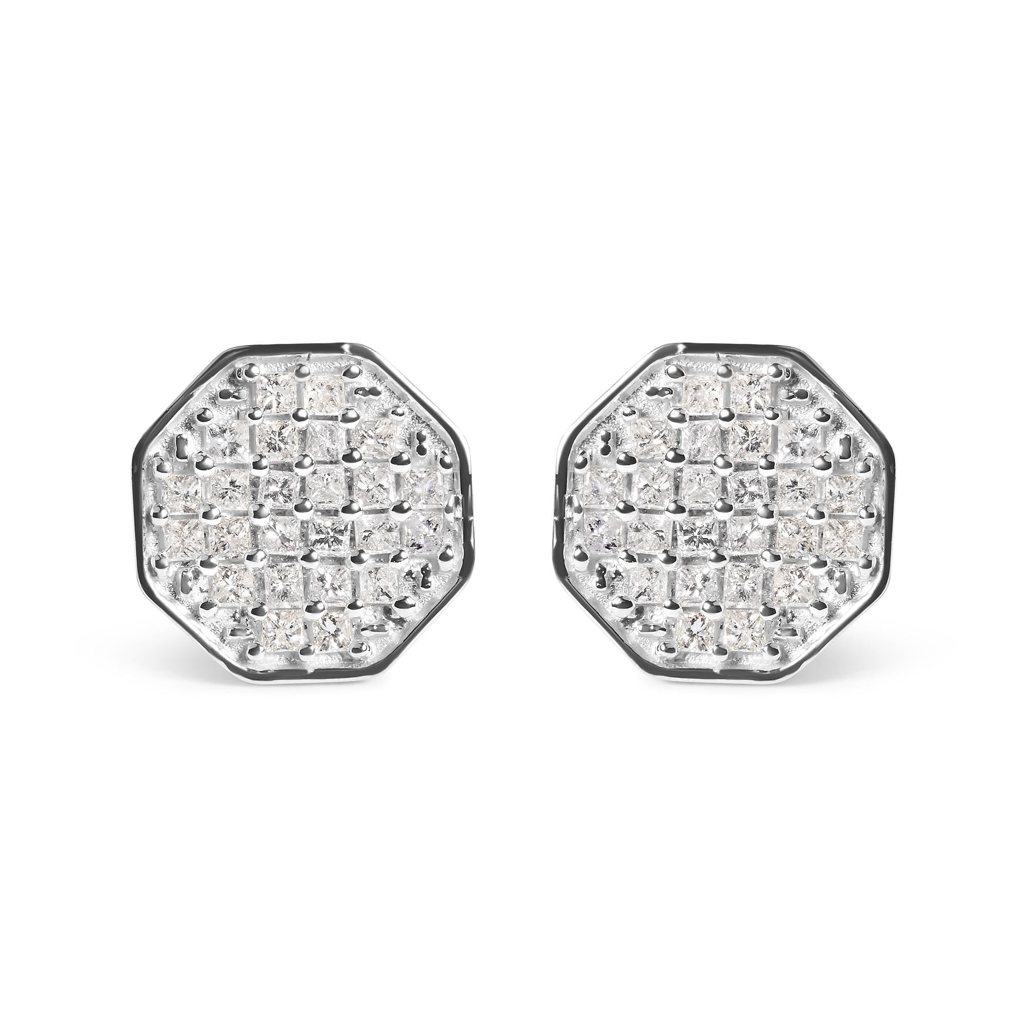 Aretes octagonales de diamantes princesa de 7/8 quilates en oro blanco de 10 quilates (color IJ, claridad I1-I2) - Friggin Jewelry