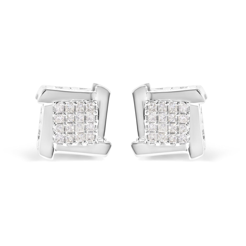 Aretes de oro blanco de 10 quilates con diamantes princesa de 1/2 ct y forma de diamante cuadrado y espiral (color IJ, claridad I1-I2) - Friggin Jewelry
