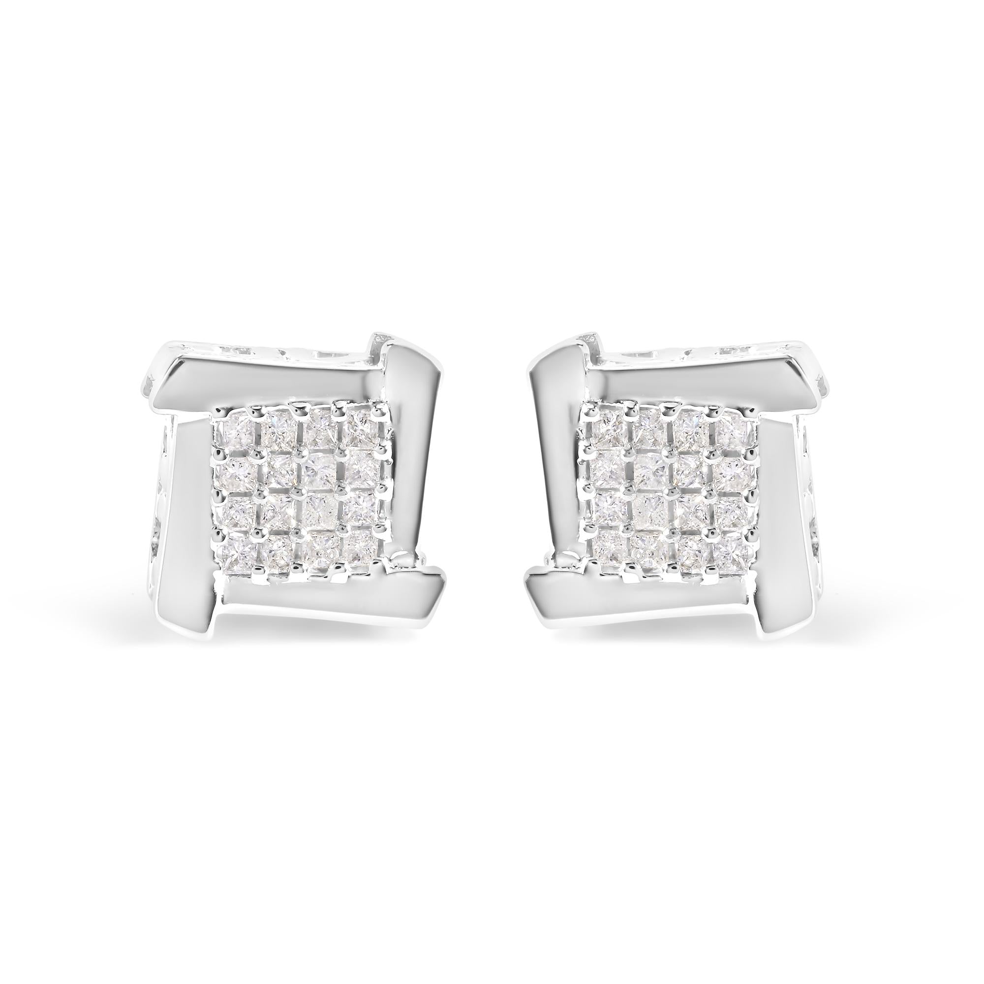 Aretes de oro blanco de 10 quilates con diamantes princesa de 1/2 ct y forma de diamante cuadrado y espiral (color IJ, claridad I1-I2) - Friggin Jewelry