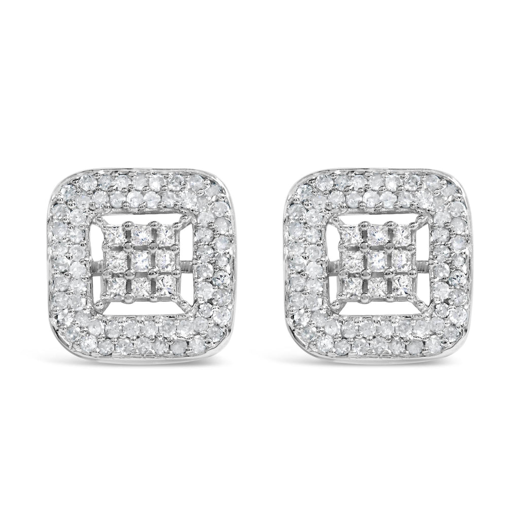 Orecchini a bottone in oro bianco 10 carati con diamanti compositi e alone da 1,00 ct (colore IJ, purezza I1-I2) - Friggin Jewelry