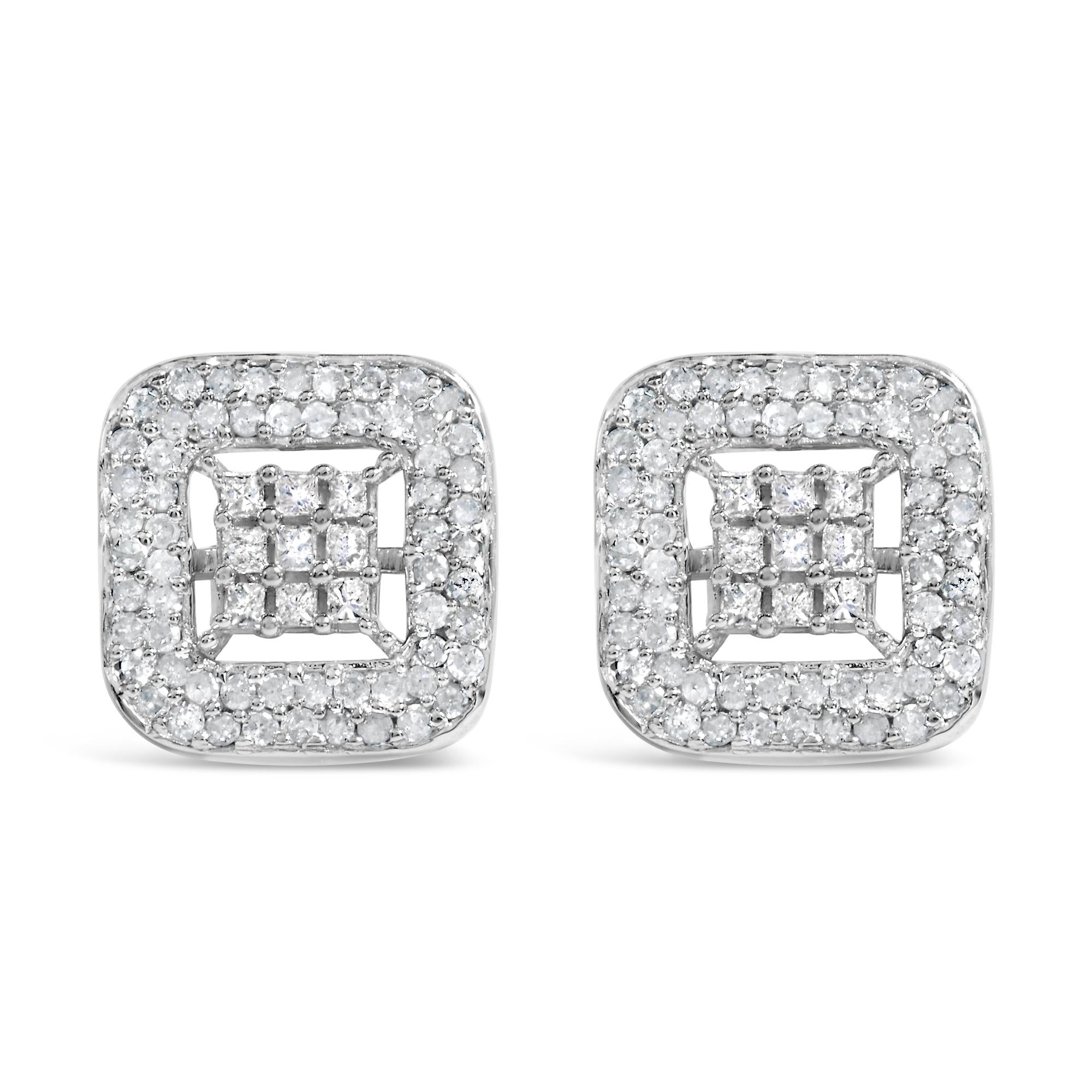 Orecchini a bottone in oro bianco 10 carati con diamanti compositi e alone da 1,00 ct (colore IJ, purezza I1-I2) - Friggin Jewelry