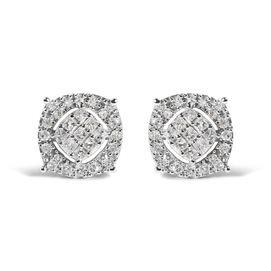 Aretes de oro blanco de 10 quilates con diamantes de 1/2 quilates en forma de cojín (color IJ, claridad I1-I2) - Friggin Jewelry