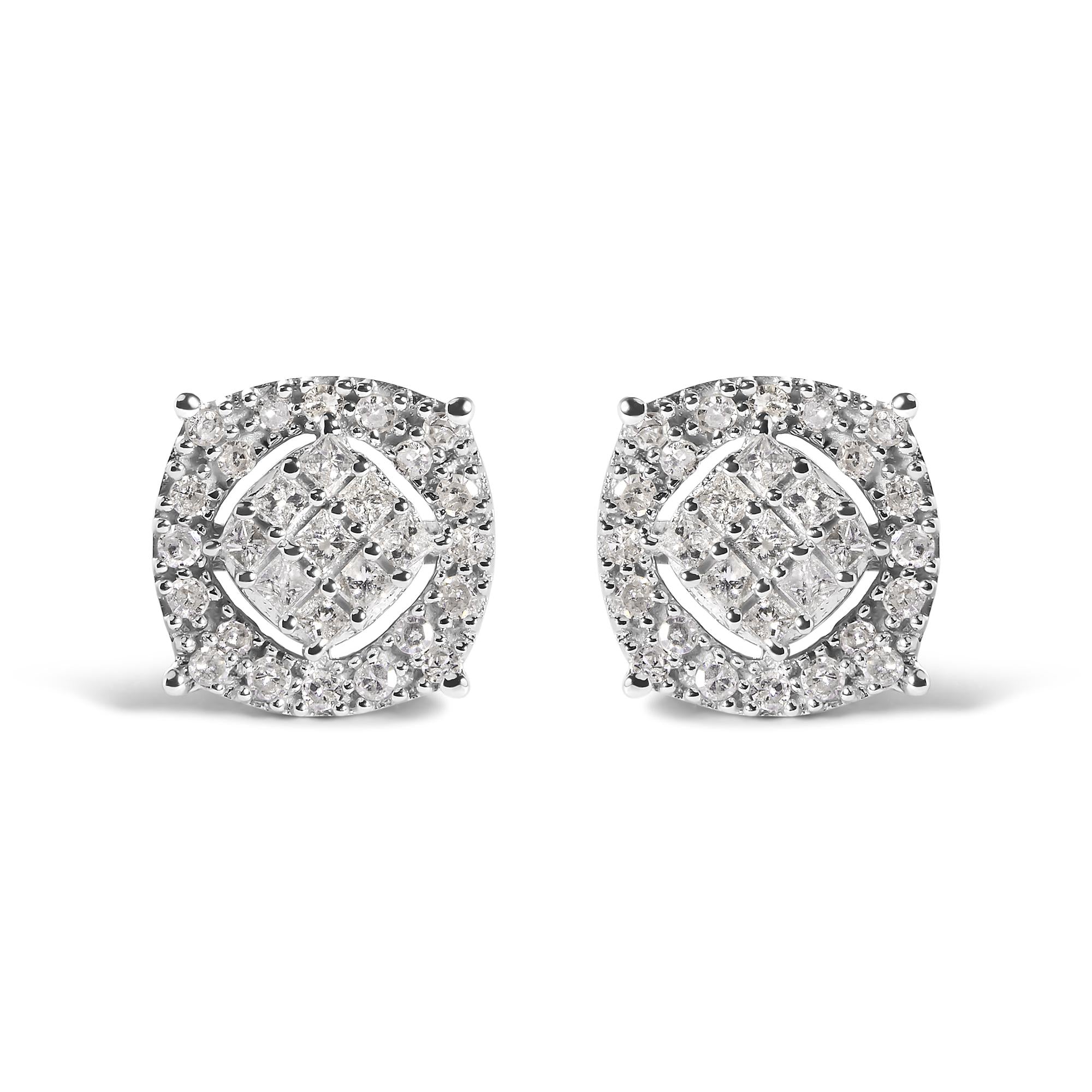 Aretes de oro blanco de 10 quilates con diamantes de 1/2 quilates en forma de cojín (color IJ, claridad I1-I2) - Friggin Jewelry