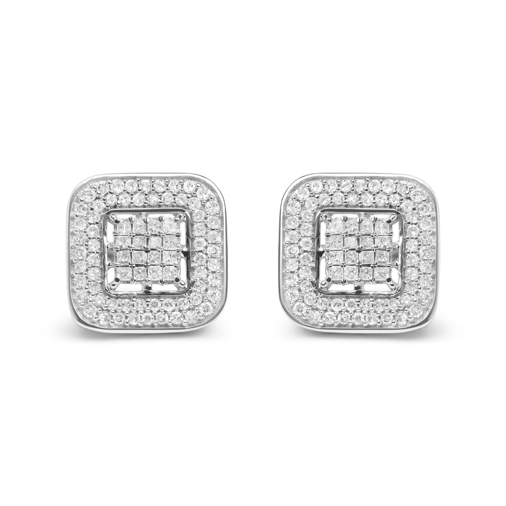 Aretes de oro blanco de 10 quilates con halo abierto compuesto de diamantes de talla princesa y redonda de 1,0 quilates (color HI, claridad SI1-SI2) - Friggin Jewelry