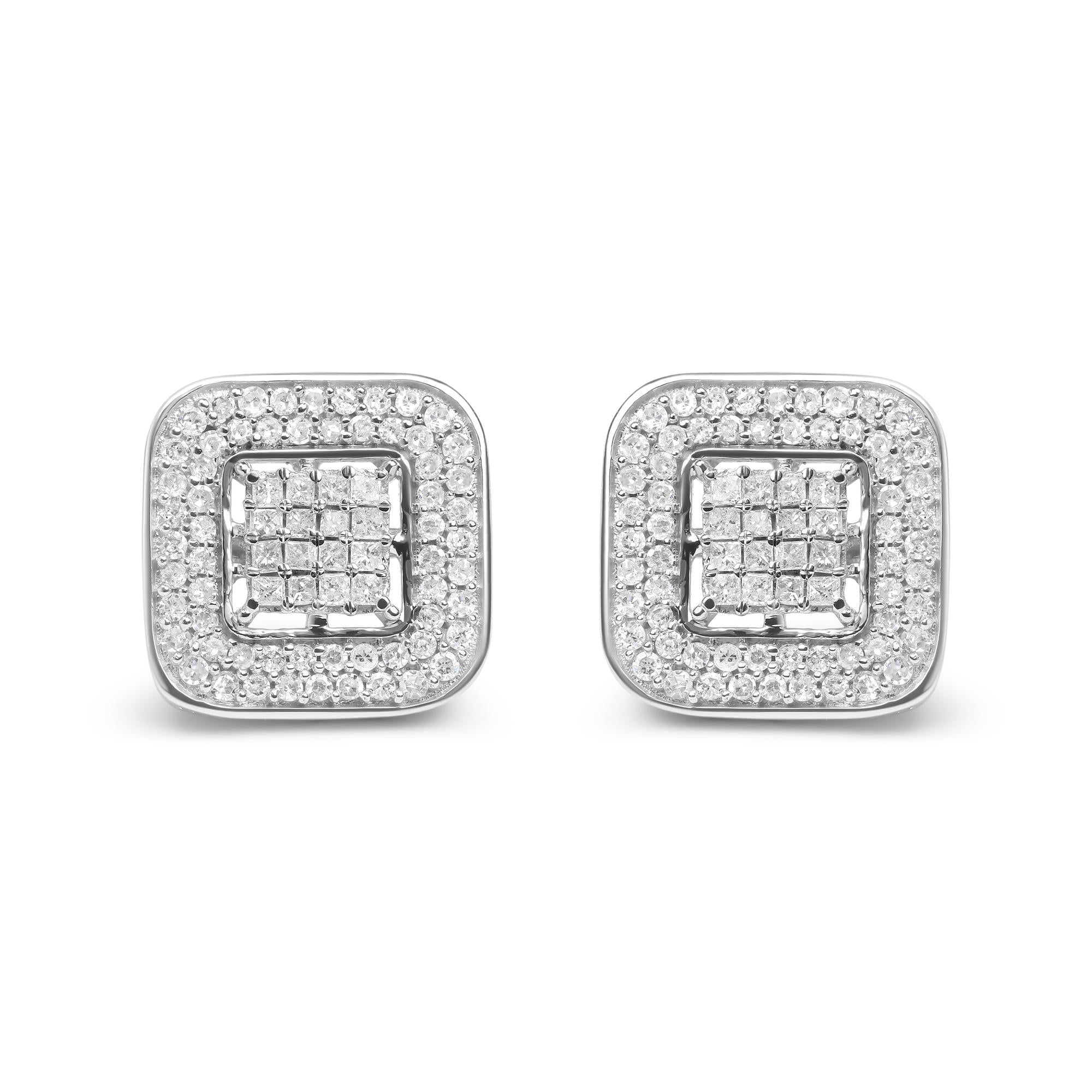 Aretes de oro blanco de 10 quilates con halo abierto compuesto de diamantes de talla princesa y redonda de 1,0 quilates (color HI, claridad SI1-SI2) - Friggin Jewelry